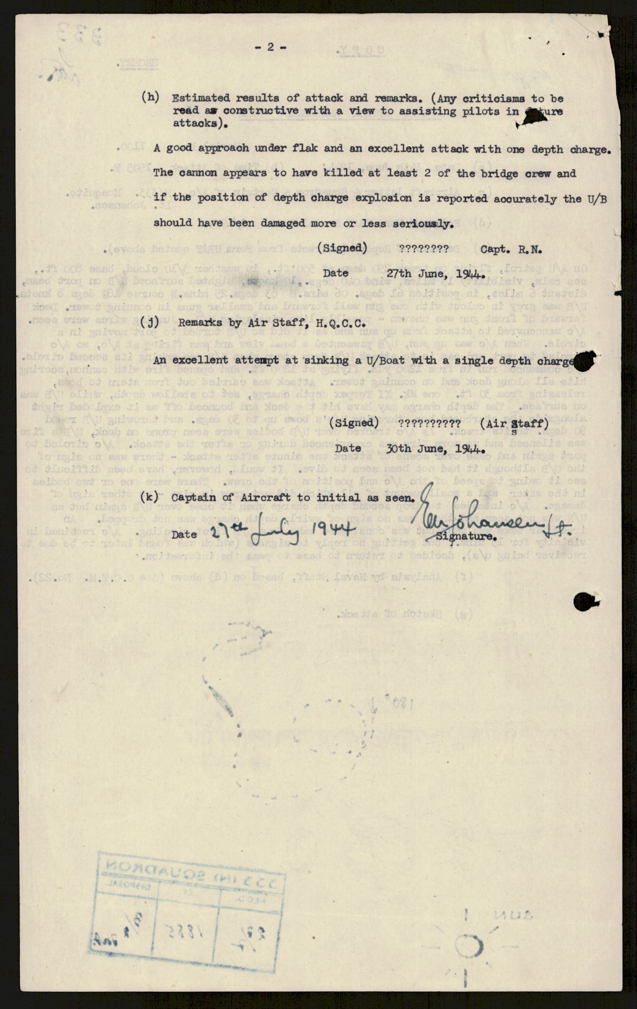 Forsvaret, 333 Skvadron, AV/RA-RAFA-2003/1/Da/L0041: Combat, Crash and and Circumstantial Reports , 1943-1945, s. 286