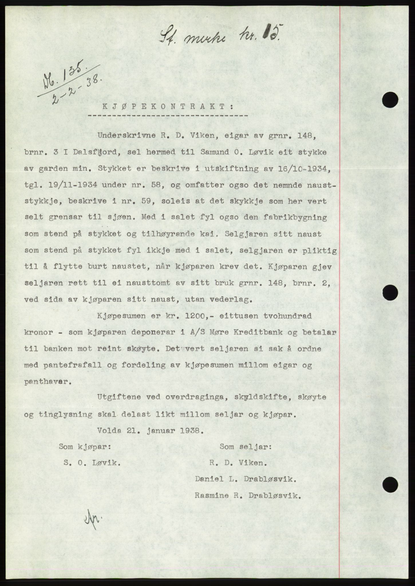 Søre Sunnmøre sorenskriveri, AV/SAT-A-4122/1/2/2C/L0064: Pantebok nr. 58, 1937-1938, Dagboknr: 135/1938