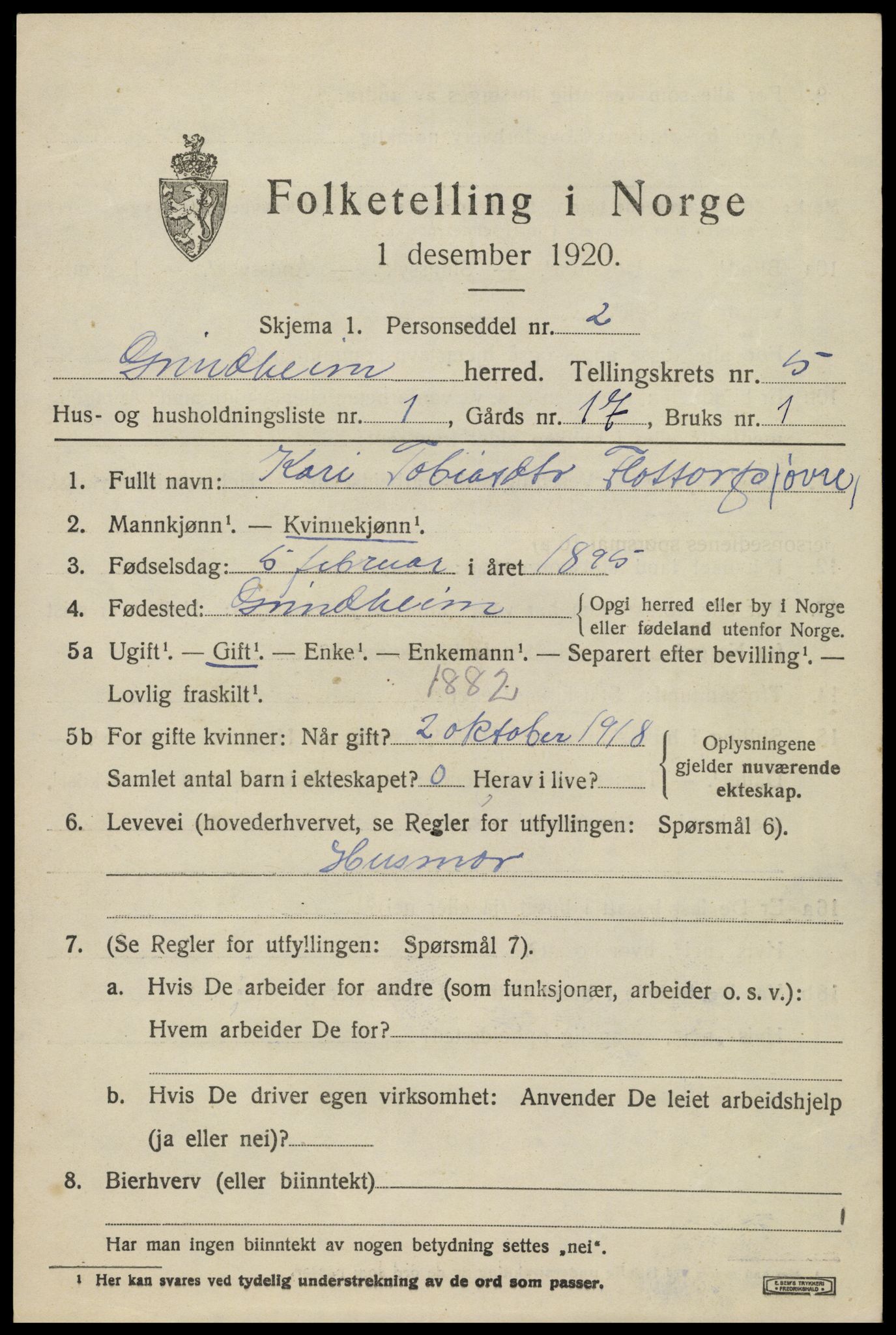 SAK, Folketelling 1920 for 1025 Grindheim herred, 1920, s. 1605