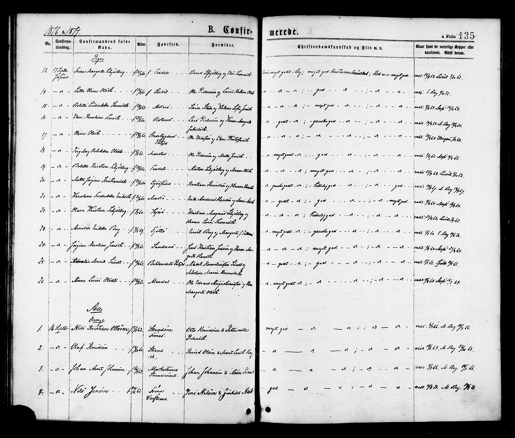 Ministerialprotokoller, klokkerbøker og fødselsregistre - Sør-Trøndelag, AV/SAT-A-1456/655/L0679: Ministerialbok nr. 655A08, 1873-1879, s. 135