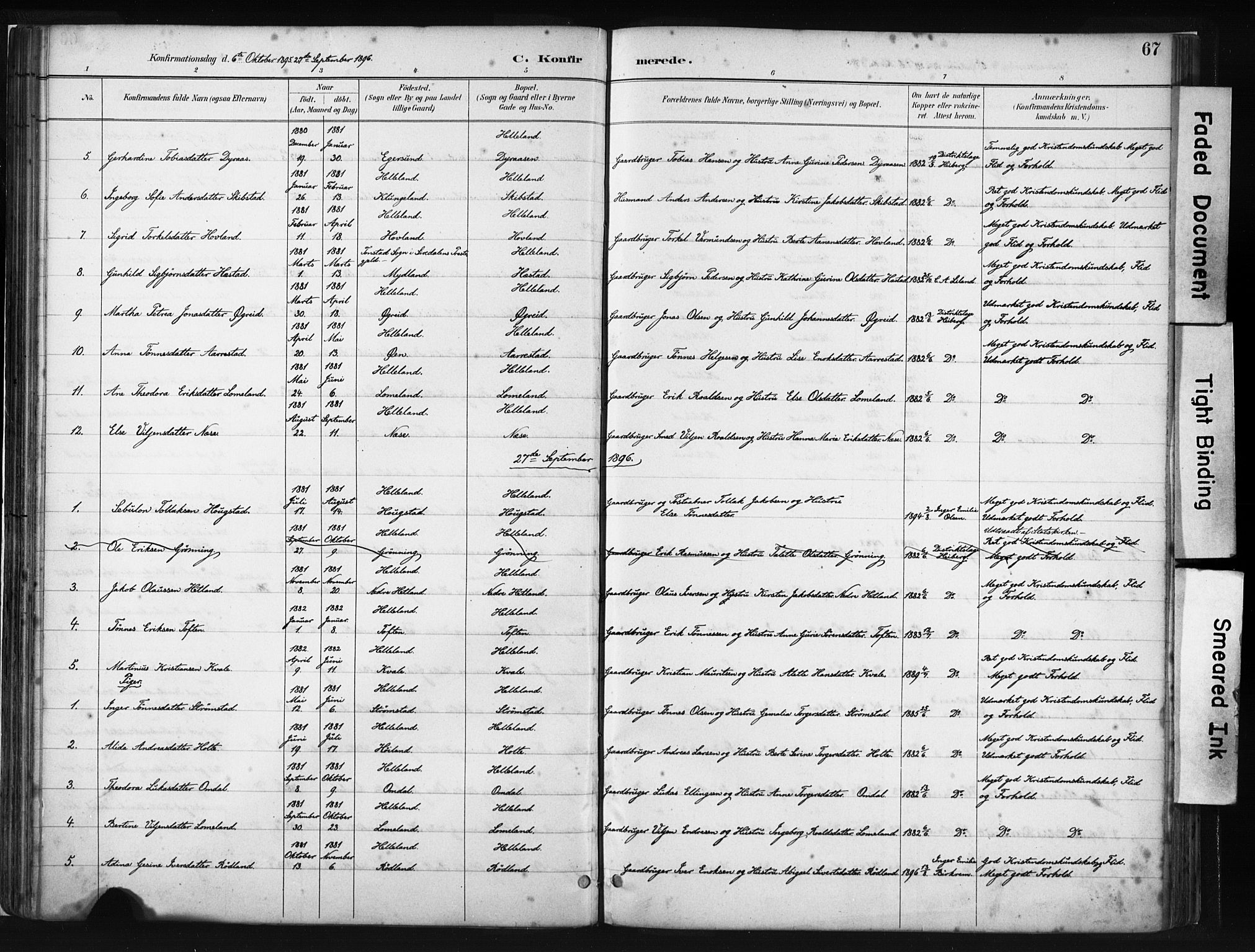 Helleland sokneprestkontor, AV/SAST-A-101810: Ministerialbok nr. A 8, 1887-1907, s. 67