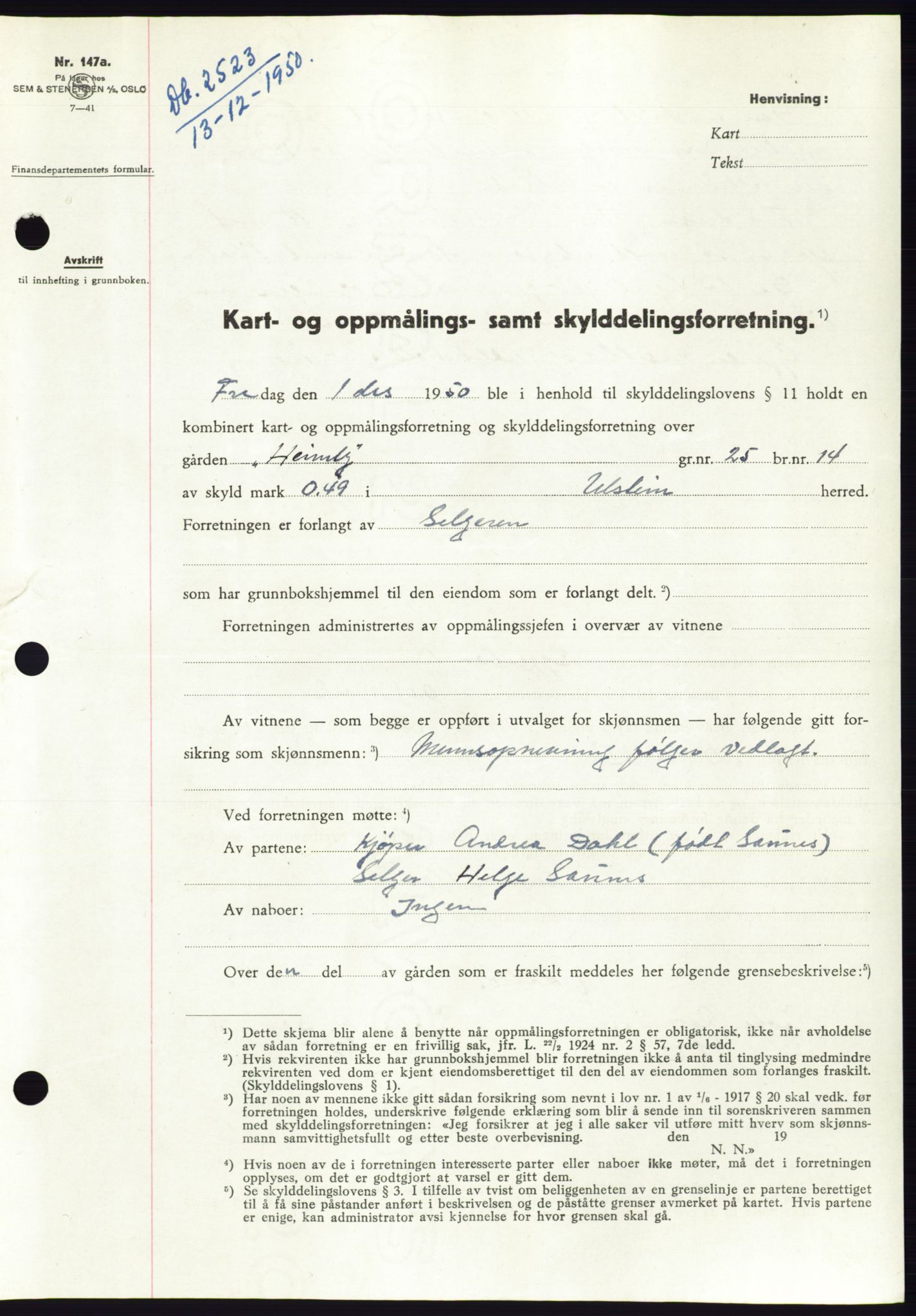 Søre Sunnmøre sorenskriveri, SAT/A-4122/1/2/2C/L0088: Pantebok nr. 14A, 1950-1951, Dagboknr: 2523/1950