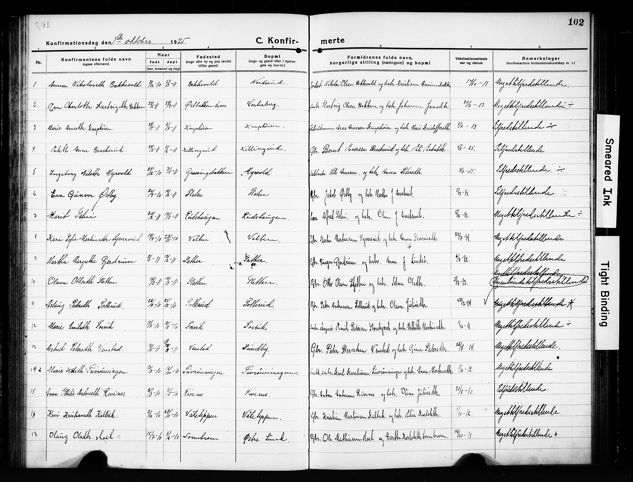 Våler prestekontor, Hedmark, AV/SAH-PREST-040/H/Ha/Hab/L0004: Klokkerbok nr. 4, 1922-1931, s. 102