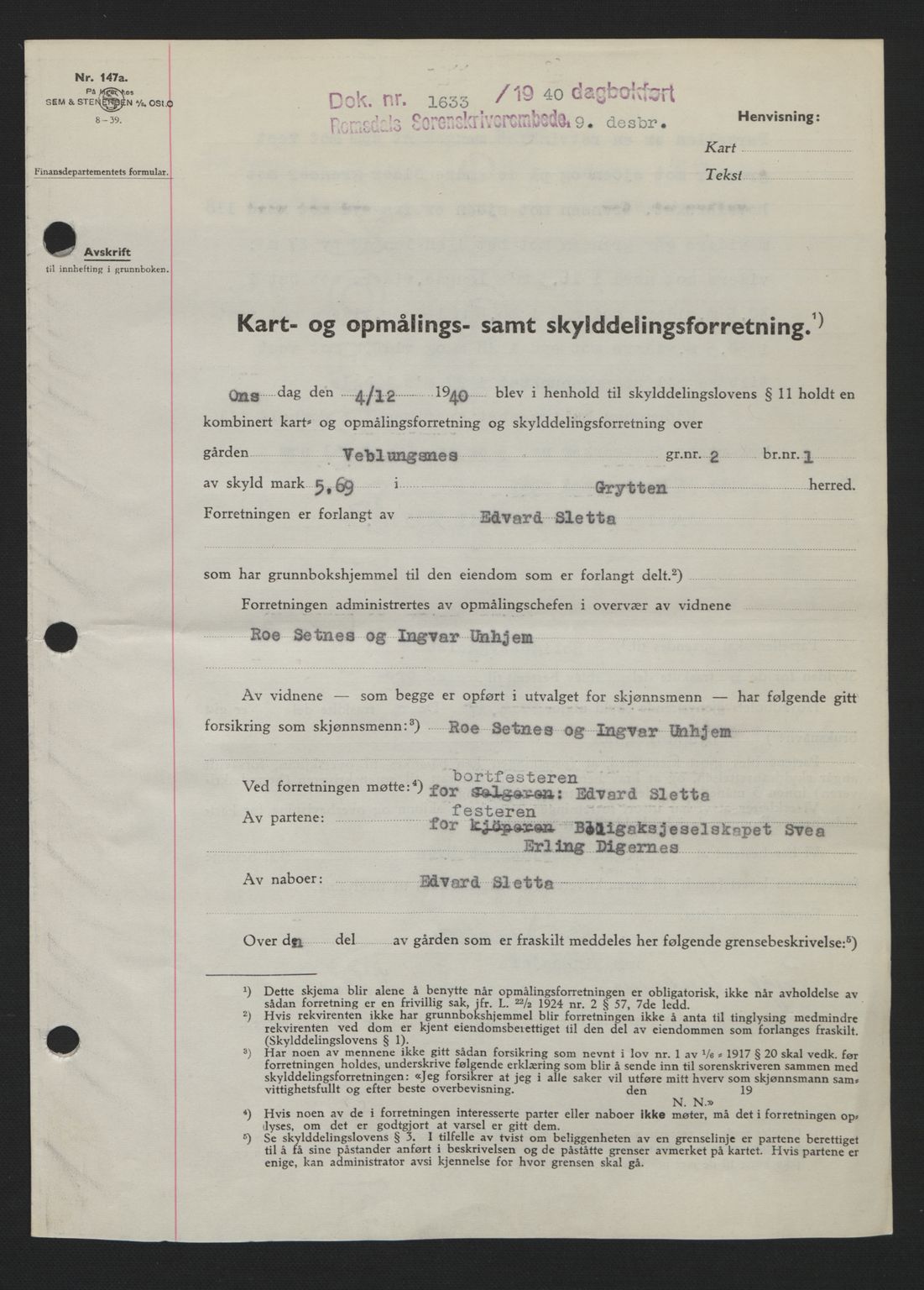 Romsdal sorenskriveri, SAT/A-4149/1/2/2C: Pantebok nr. A9, 1940-1941, Dagboknr: 1633/1940