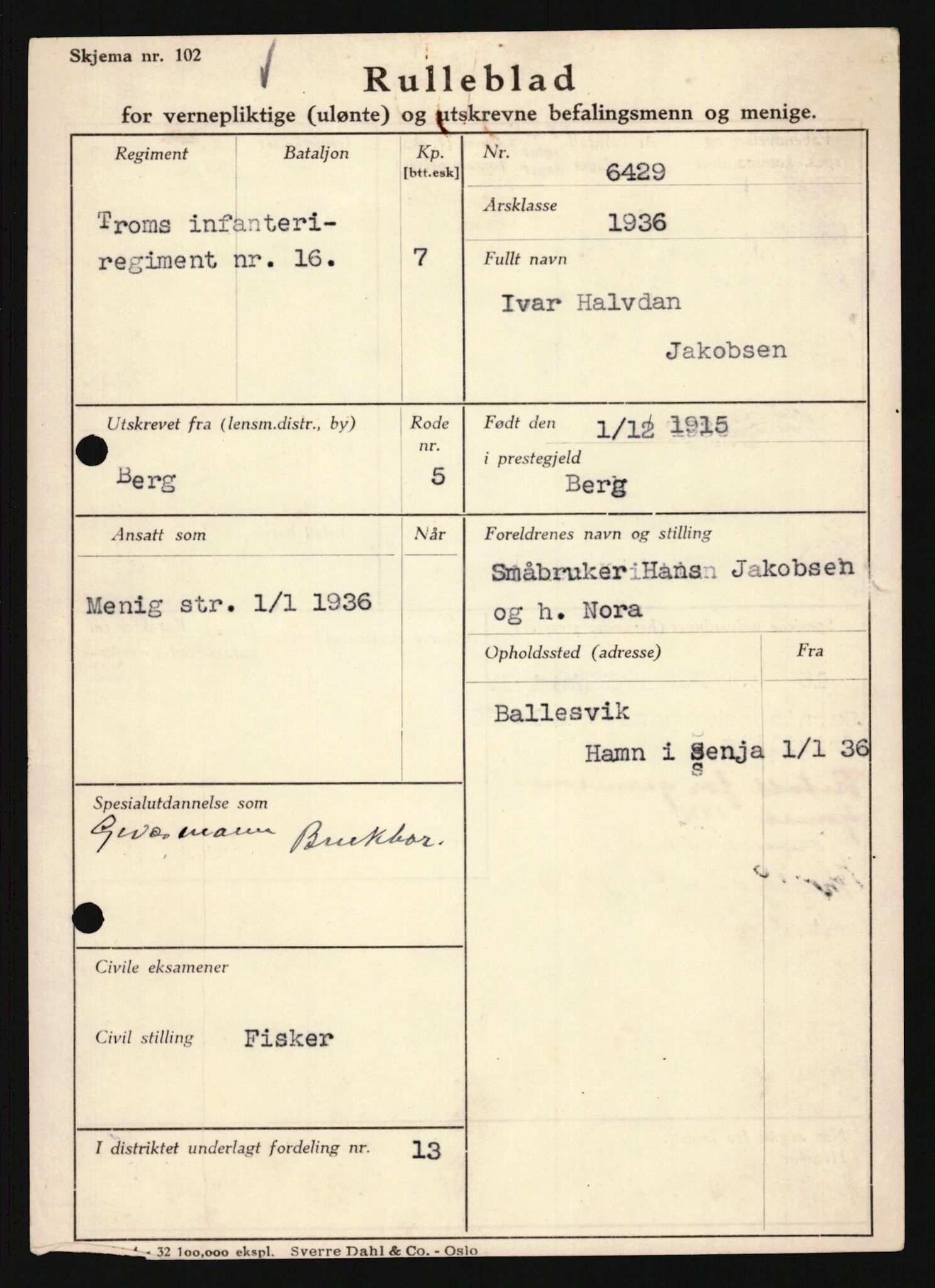 Forsvaret, Troms infanteriregiment nr. 16, AV/RA-RAFA-3146/P/Pa/L0020: Rulleblad for regimentets menige mannskaper, årsklasse 1936, 1936, s. 529