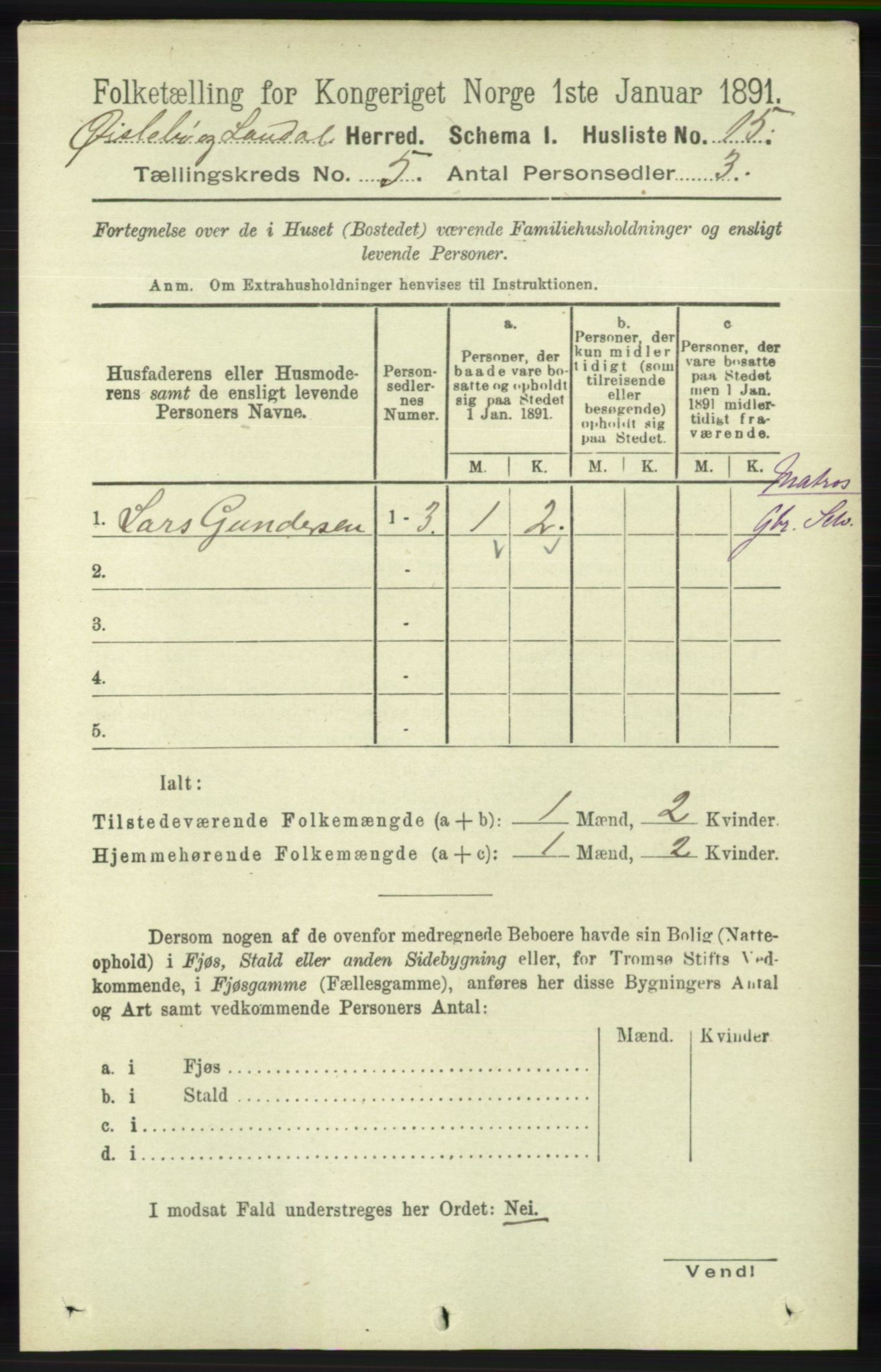 RA, Folketelling 1891 for 1021 Øyslebø og Laudal herred, 1891, s. 1290