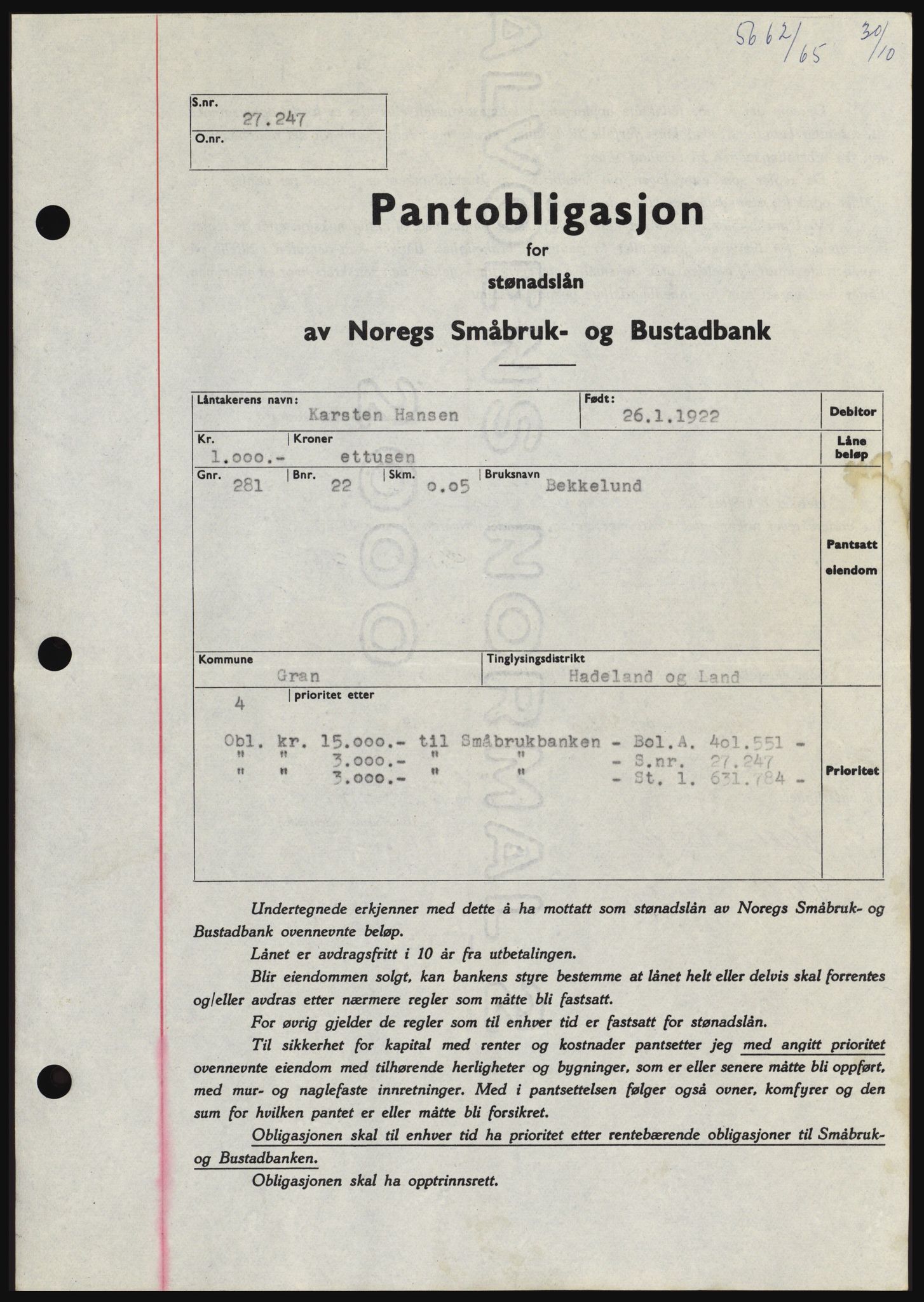 Hadeland og Land tingrett, SAH/TING-010/H/Hb/Hbc/L0060: Pantebok nr. B60, 1965-1965, Dagboknr: 5662/1965