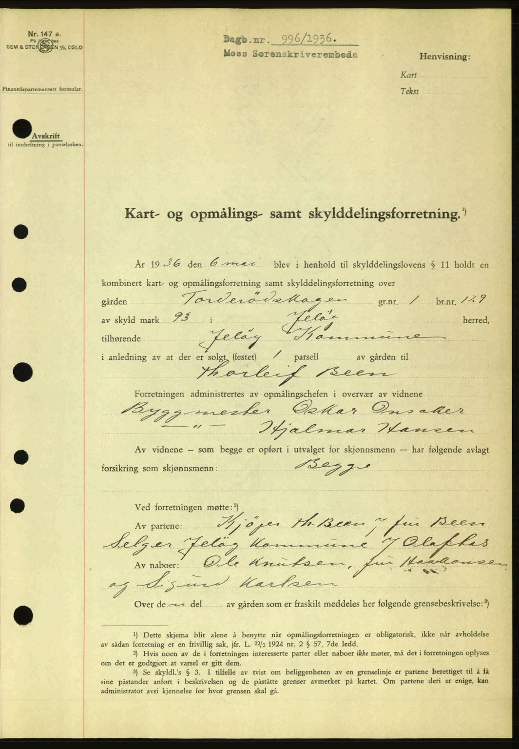 Moss sorenskriveri, SAO/A-10168: Pantebok nr. A1, 1936-1936, Dagboknr: 996/1936