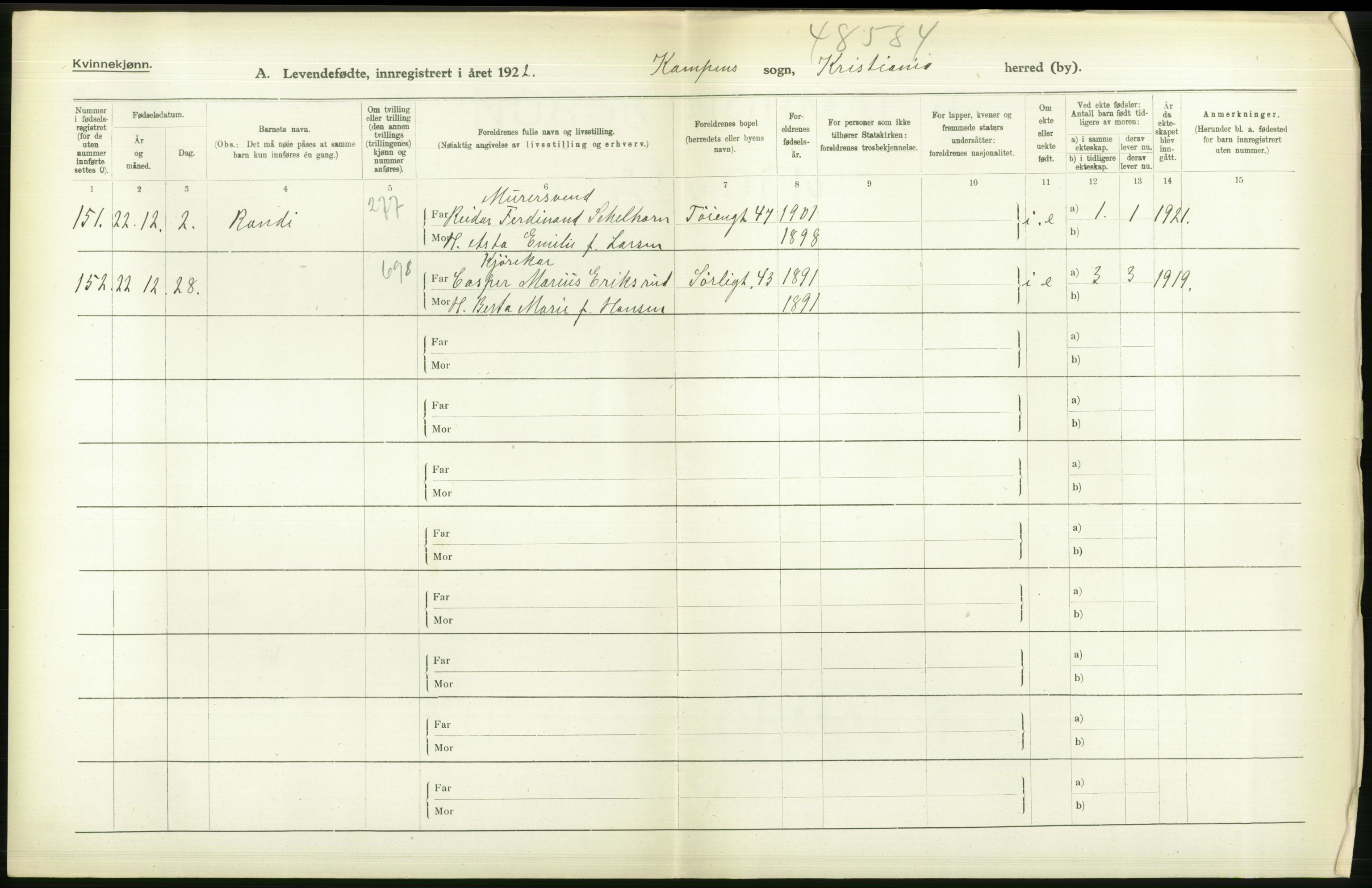 Statistisk sentralbyrå, Sosiodemografiske emner, Befolkning, AV/RA-S-2228/D/Df/Dfc/Dfcb/L0007: Kristiania: Levendefødte menn og kvinner., 1922, s. 644