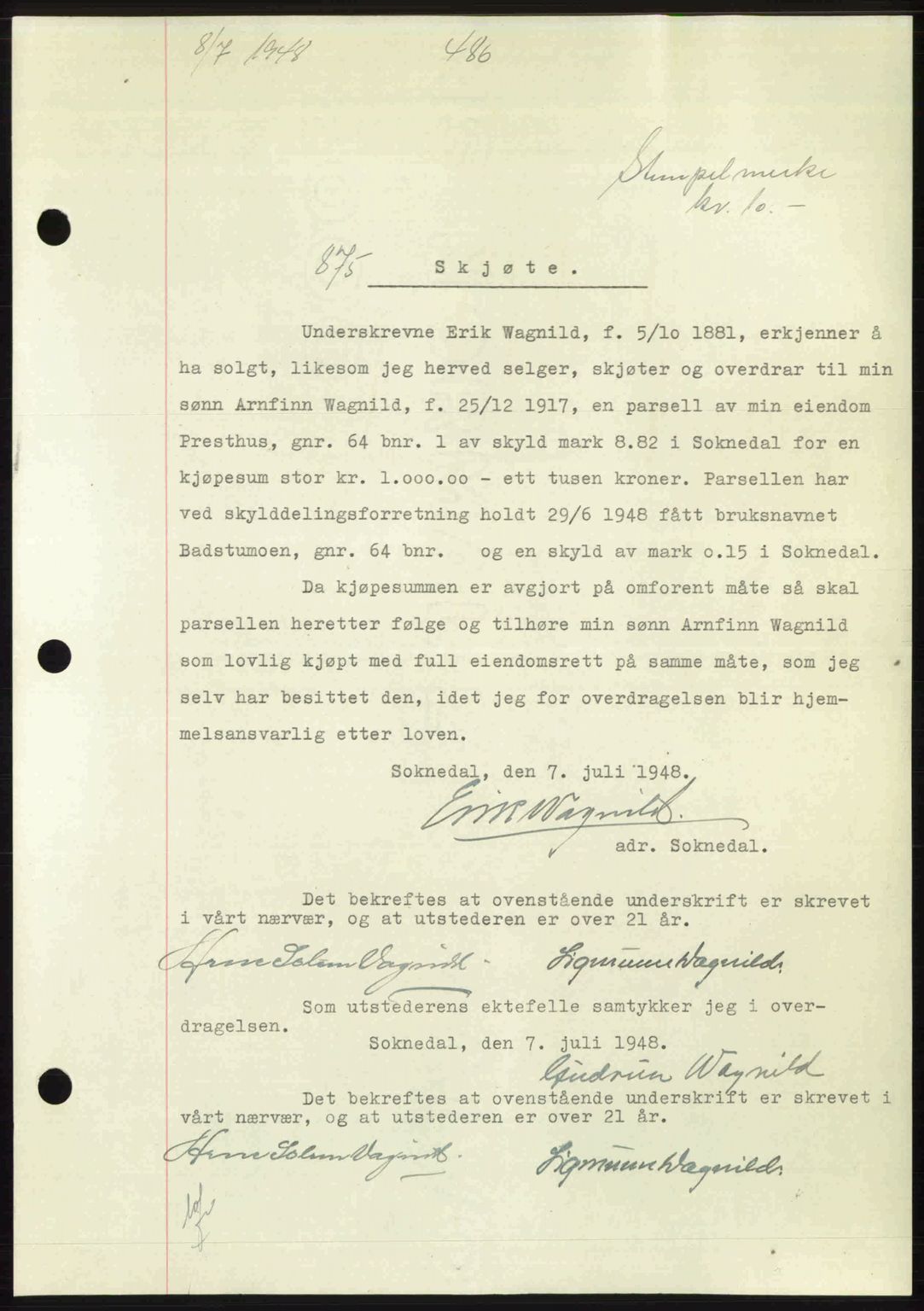 Gauldal sorenskriveri, SAT/A-0014/1/2/2C: Pantebok nr. A6, 1948-1948, Dagboknr: 875/1948