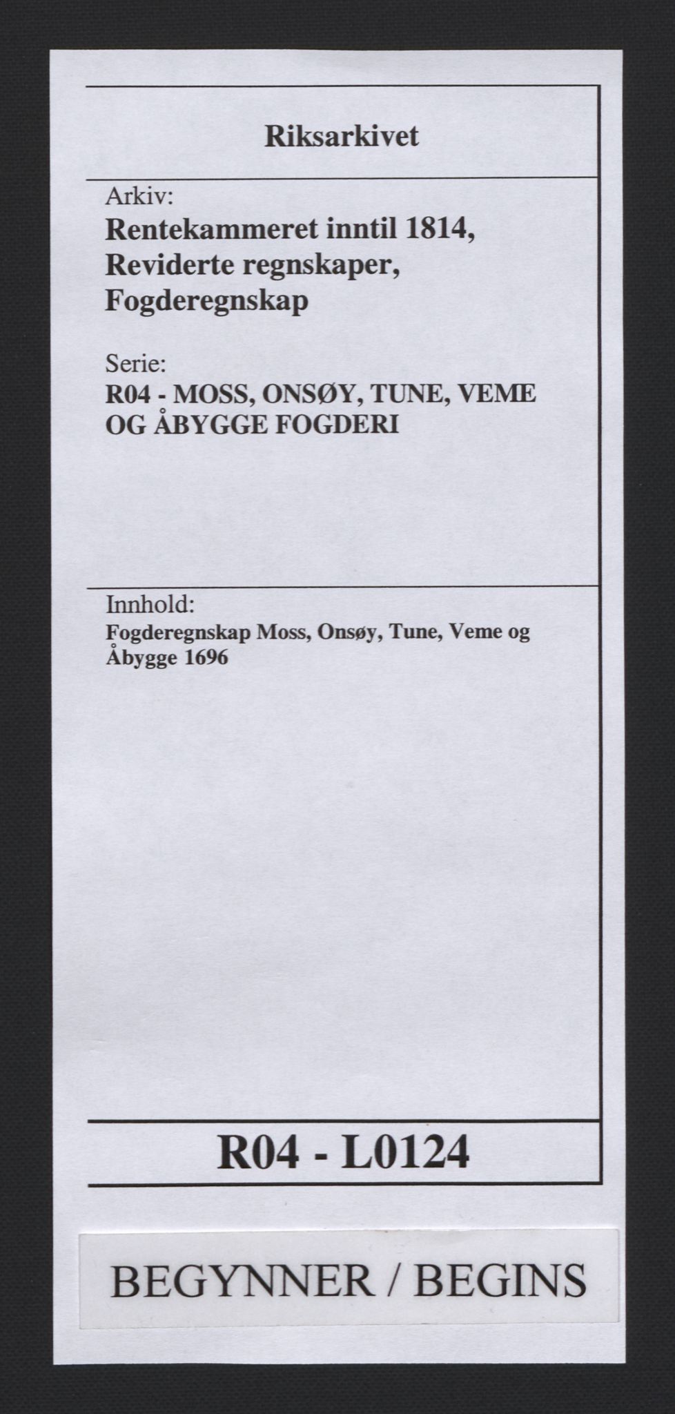 Rentekammeret inntil 1814, Reviderte regnskaper, Fogderegnskap, RA/EA-4092/R04/L0124: Fogderegnskap Moss, Onsøy, Tune, Veme og Åbygge, 1696, s. 1