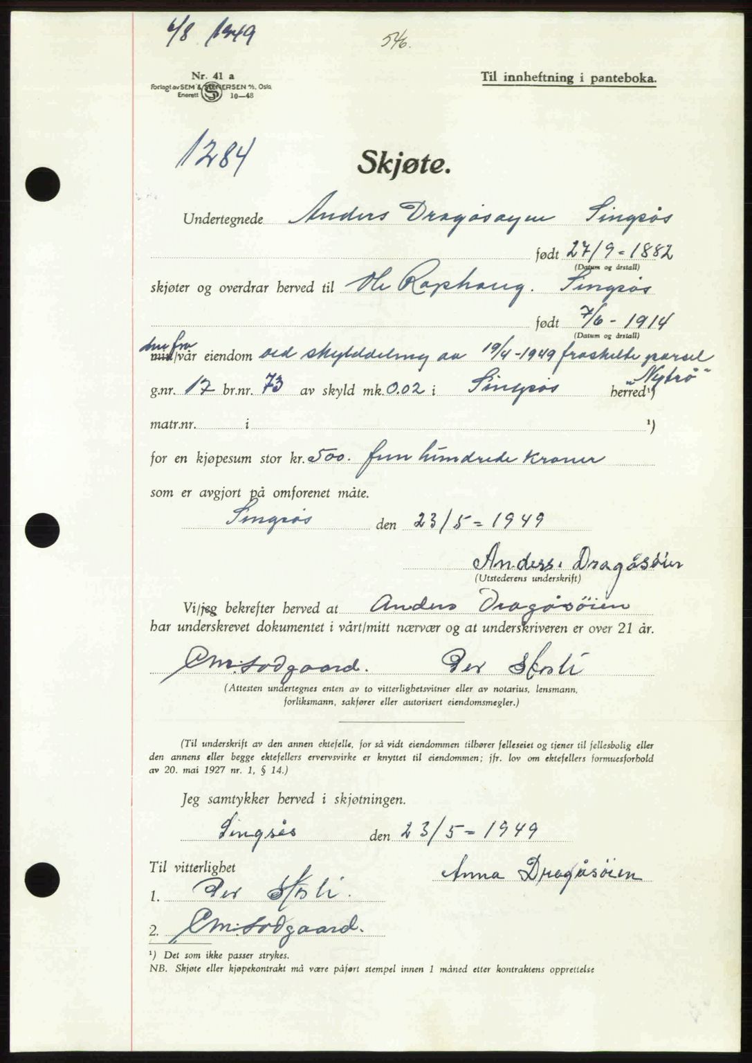 Gauldal sorenskriveri, SAT/A-0014/1/2/2C: Pantebok nr. A8, 1949-1949, Dagboknr: 1284/1949