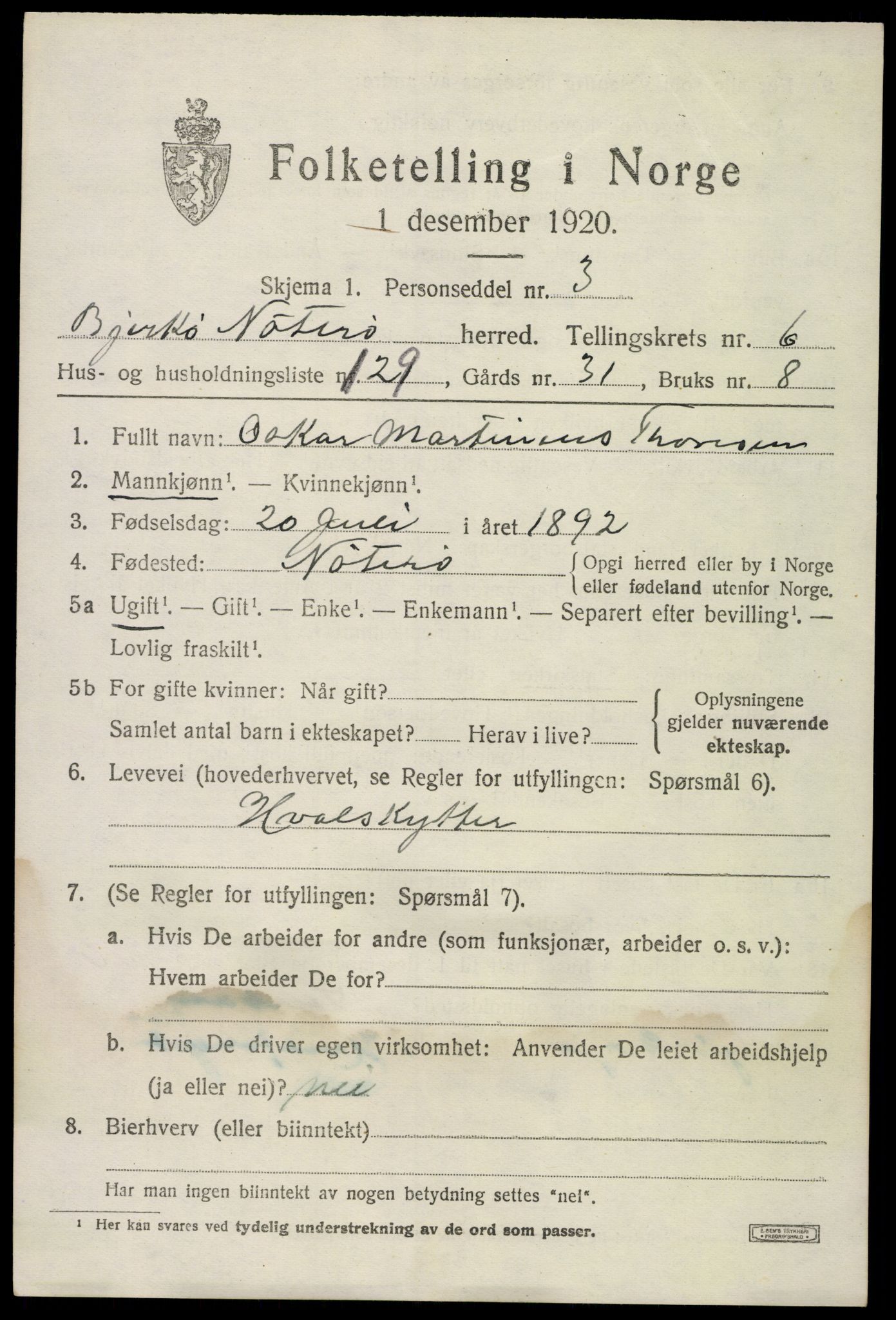 SAKO, Folketelling 1920 for 0722 Nøtterøy herred, 1920, s. 9467