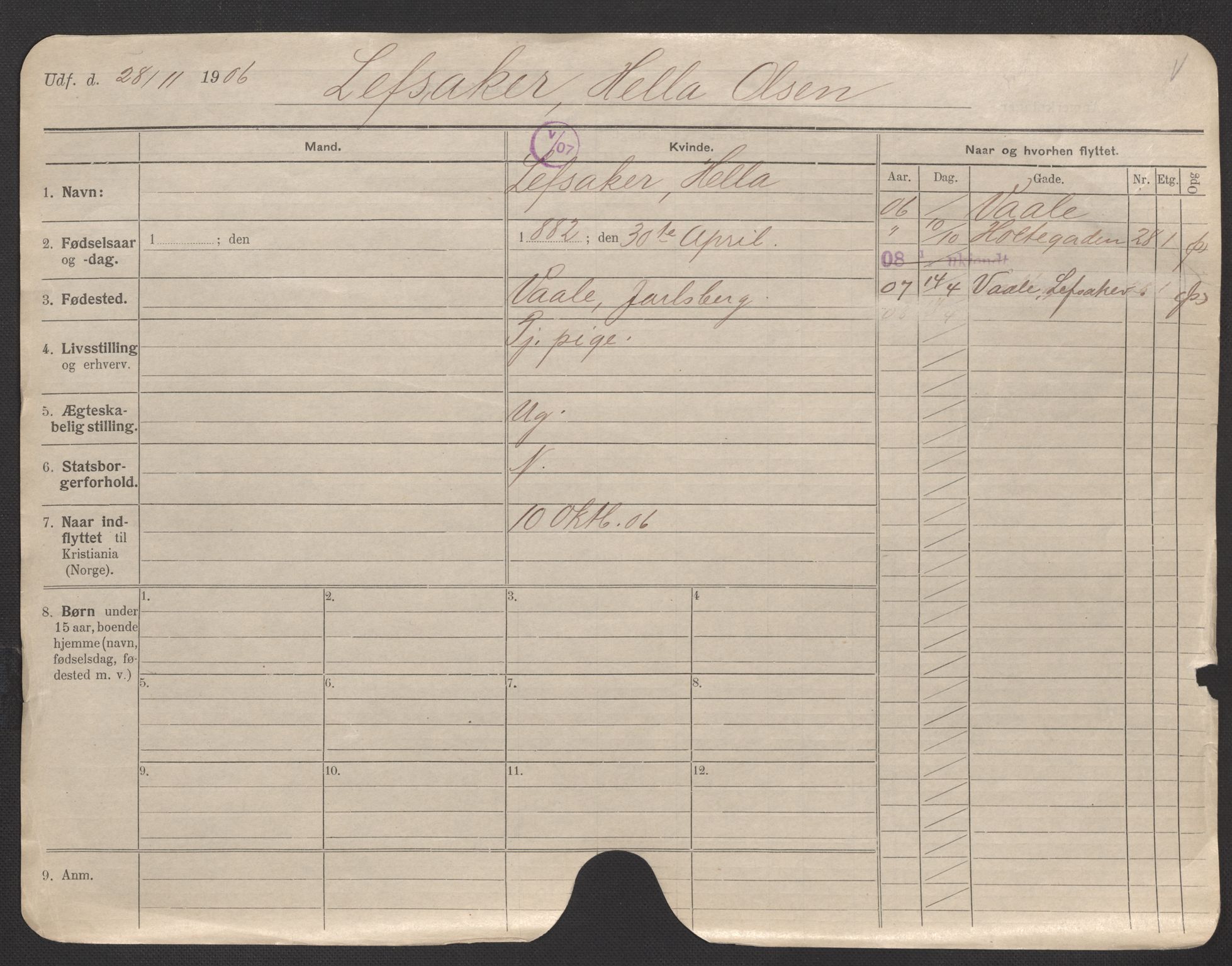 Oslo folkeregister, Registerkort, AV/SAO-A-11715/F/Fa/Fac/L0020: Kvinner, 1906-1914, s. 1a