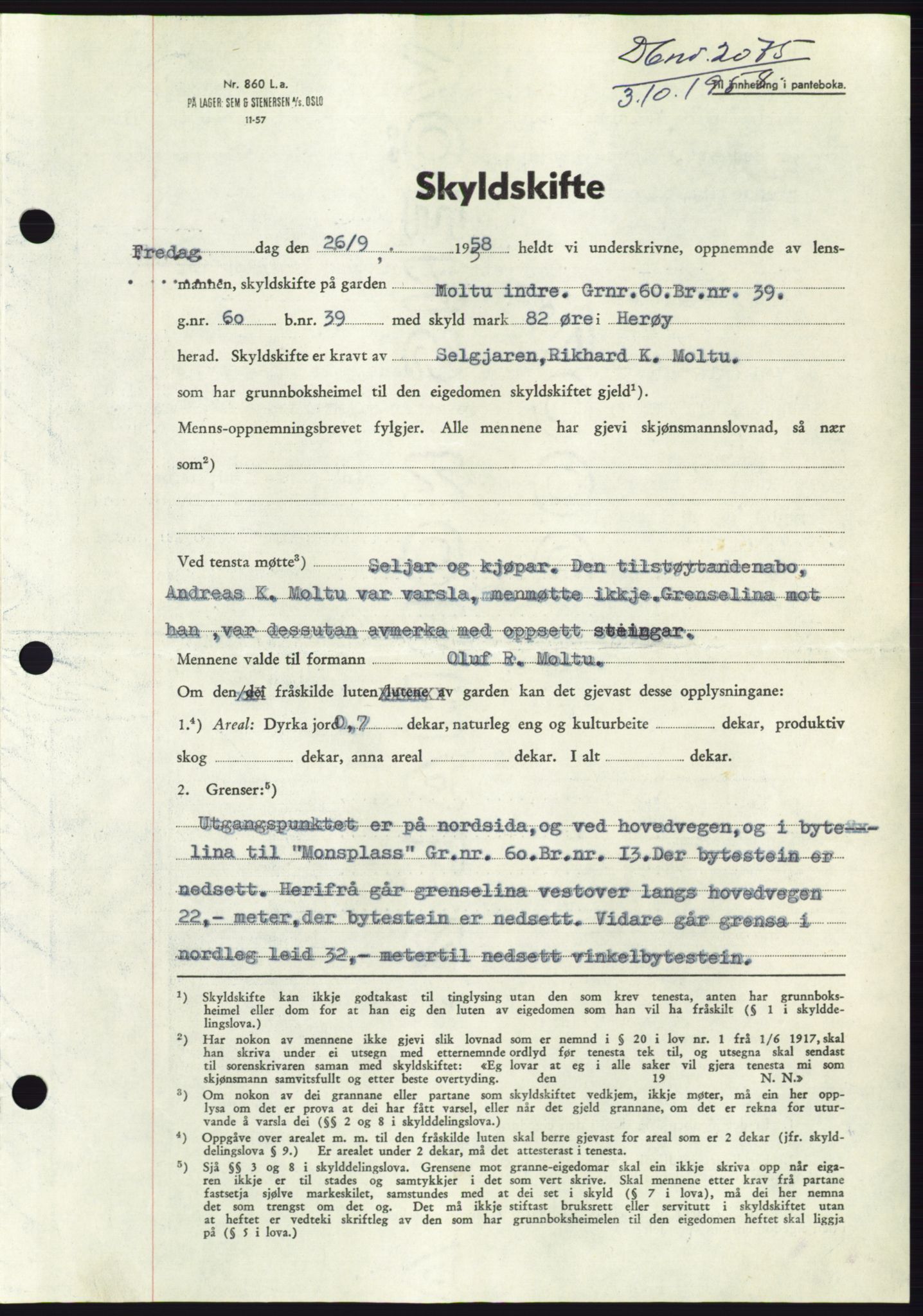 Søre Sunnmøre sorenskriveri, AV/SAT-A-4122/1/2/2C/L0110: Pantebok nr. 36A, 1958-1958, Dagboknr: 2075/1958