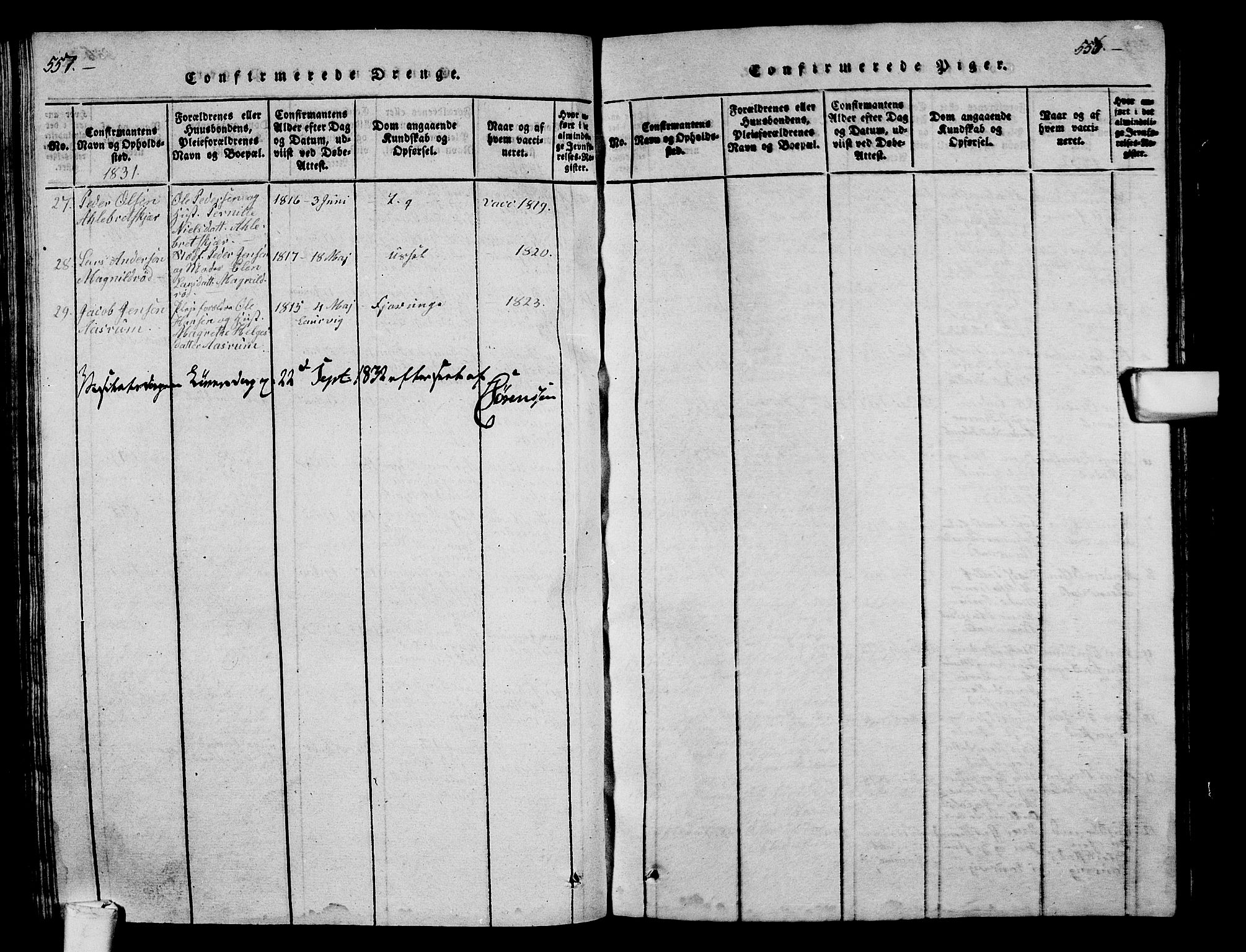 Hedrum kirkebøker, AV/SAKO-A-344/G/Ga/L0003: Klokkerbok nr. I 3, 1817-1835, s. 557-558