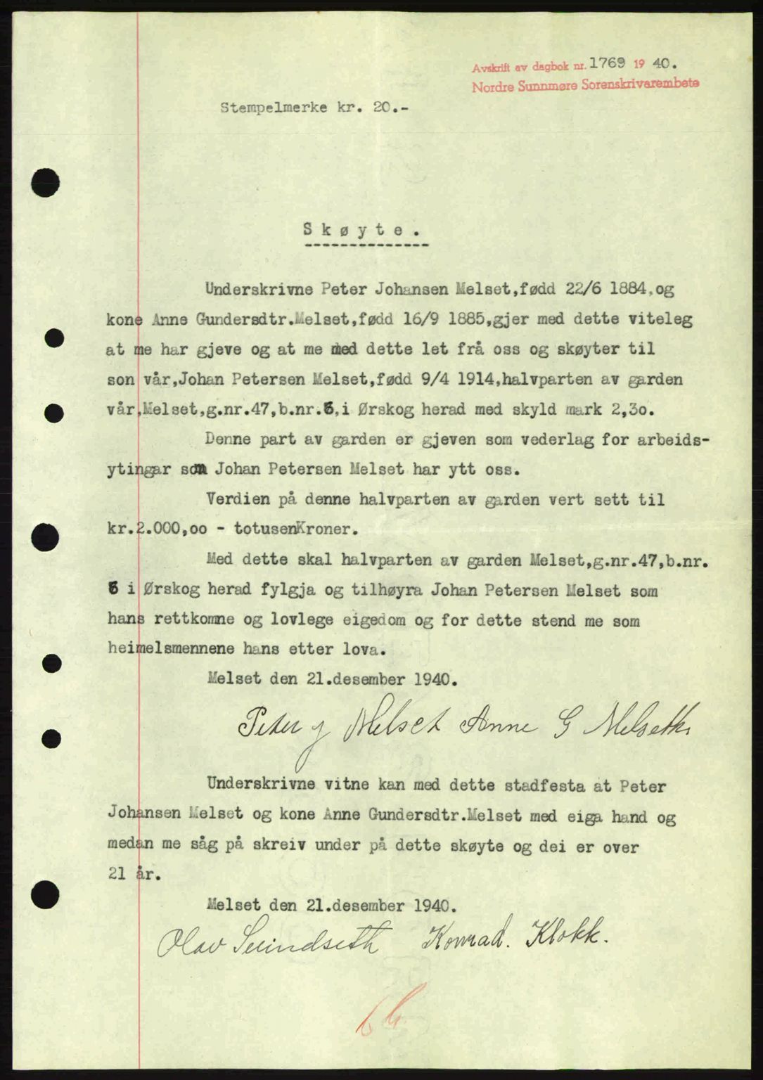 Nordre Sunnmøre sorenskriveri, SAT/A-0006/1/2/2C/2Ca: Pantebok nr. A10, 1940-1941, Dagboknr: 1769/1940