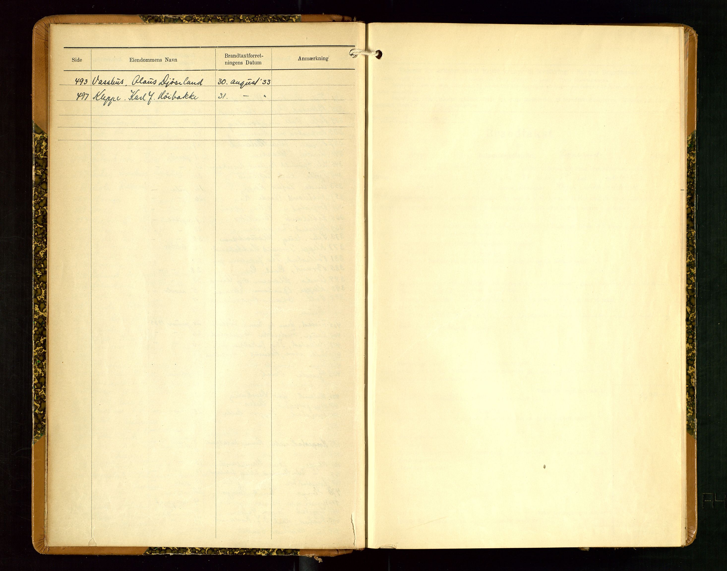 Klepp lensmannskontor, SAST/A-100163/Goc/L0012: "Brandtakstprotokoll" m/register, 1929-1933