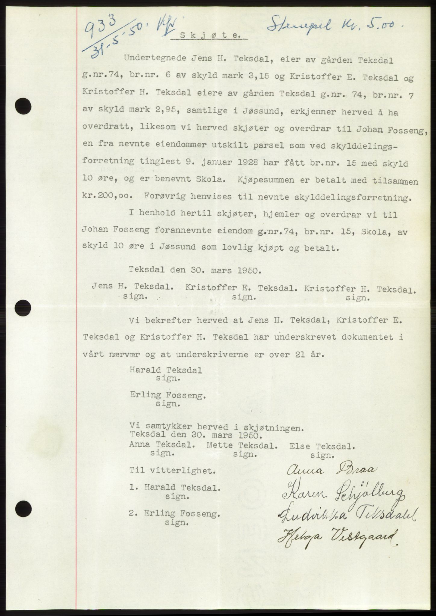 Fosen sorenskriveri, AV/SAT-A-1107/1/2/2C: Pantebok nr. A11, 1950-1950, Dagboknr: 933/1950