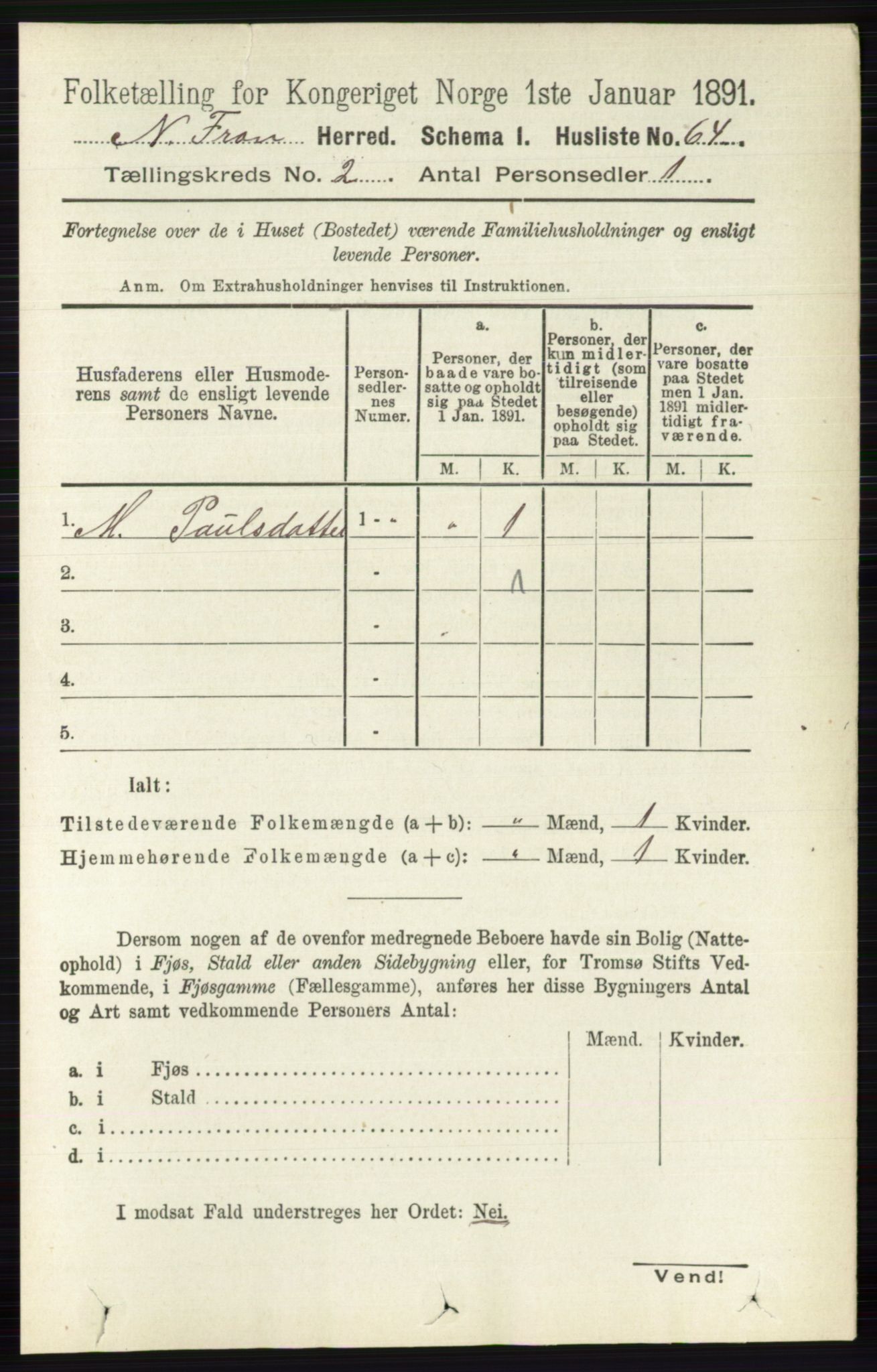 RA, Folketelling 1891 for 0518 Nord-Fron herred, 1891, s. 335