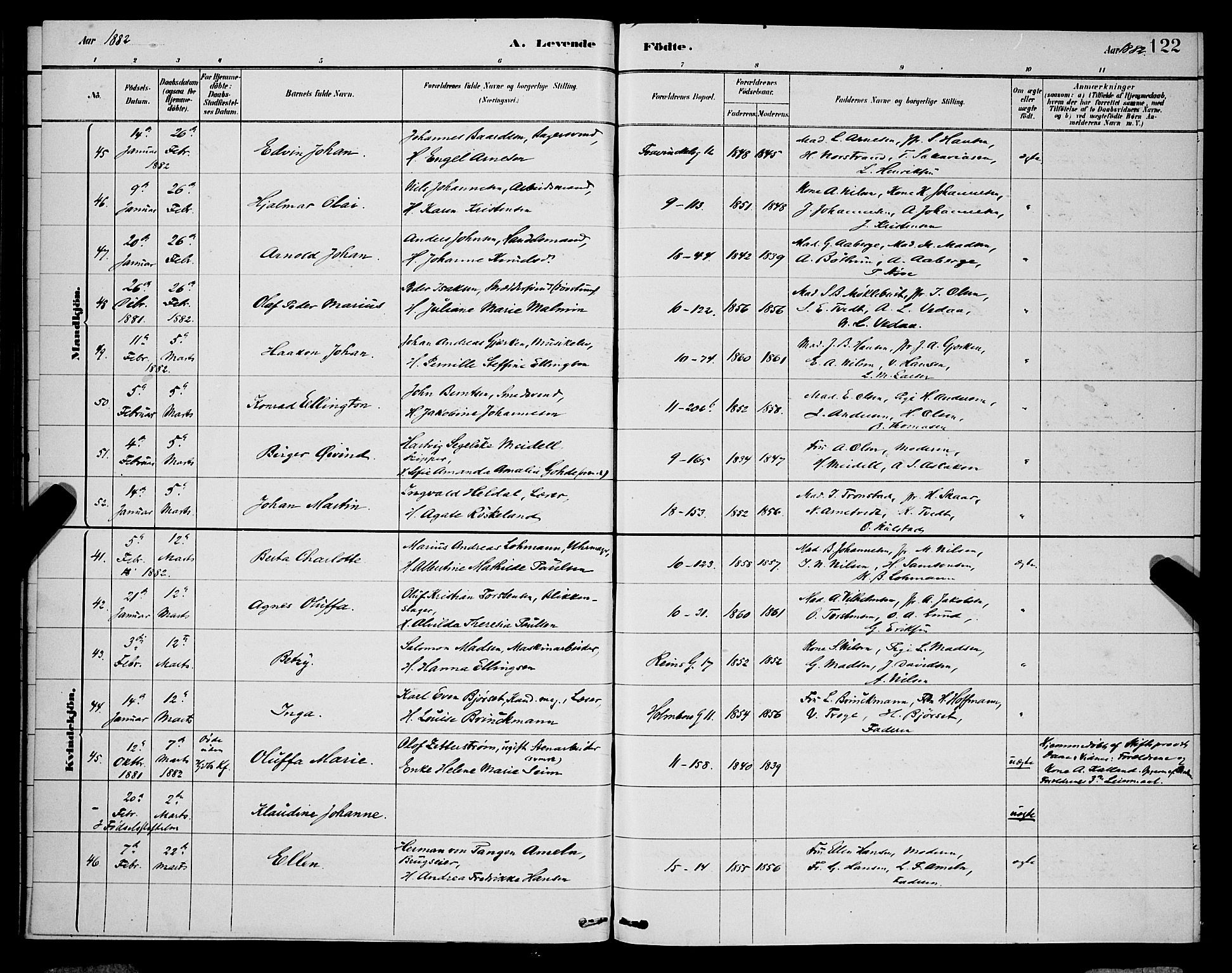 Domkirken sokneprestembete, AV/SAB-A-74801/H/Hab/L0015: Klokkerbok nr. B 8, 1879-1887, s. 122