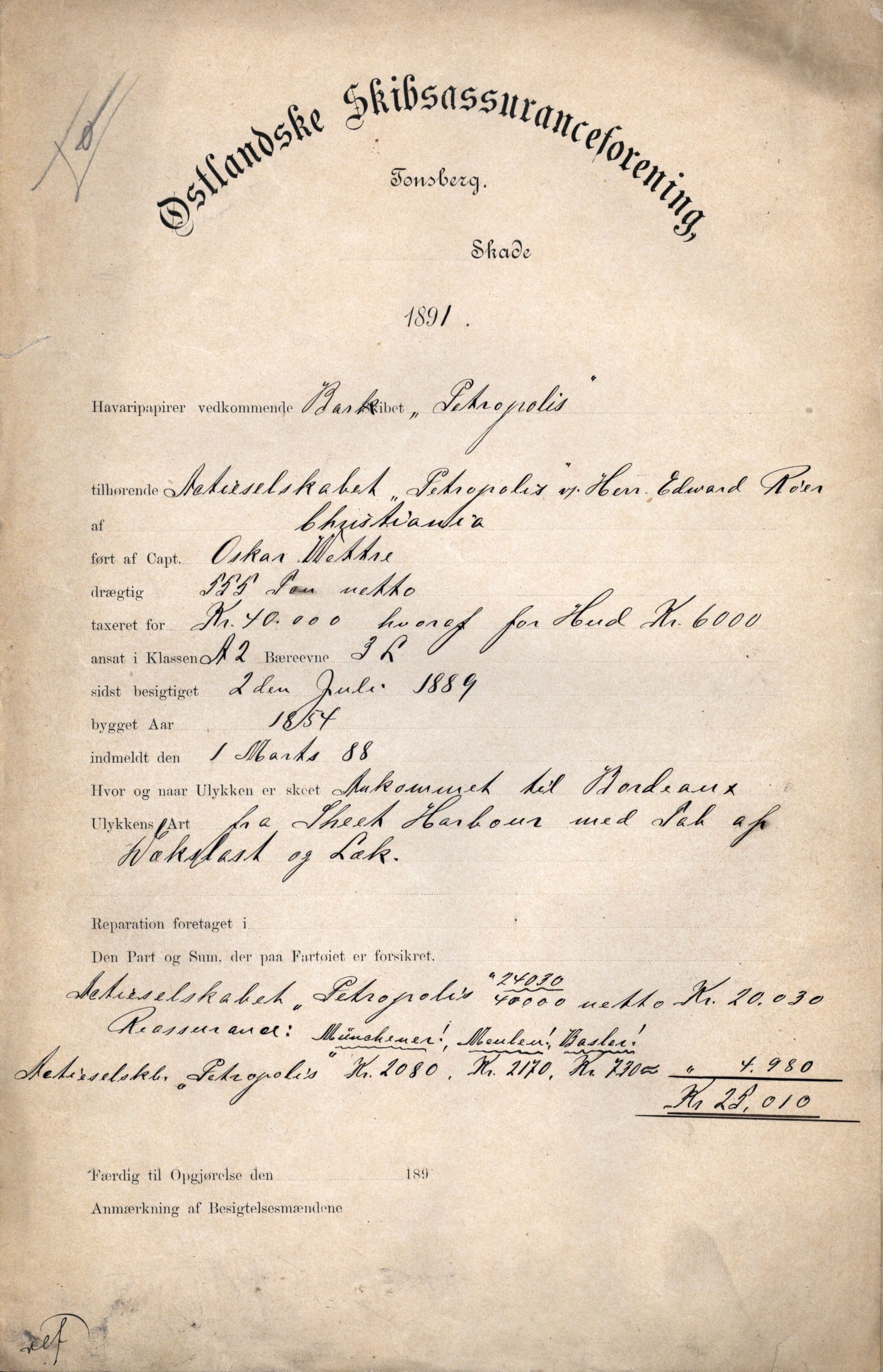 Pa 63 - Østlandske skibsassuranceforening, VEMU/A-1079/G/Ga/L0027/0003: Havaridokumenter / Bothnia, Petropolis, Agathe, Annie, Ispolen, Isploven, 1891, s. 20