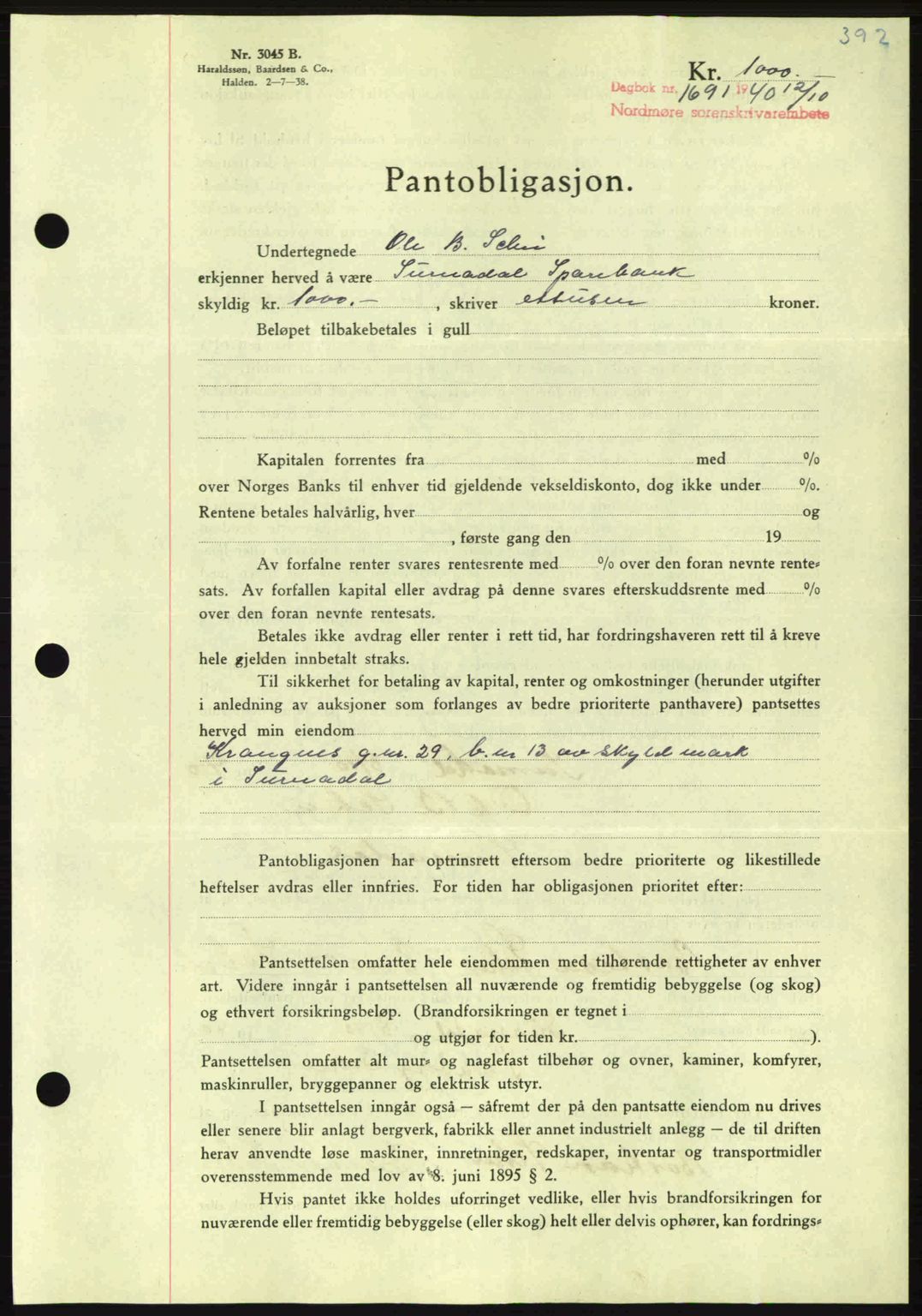 Nordmøre sorenskriveri, AV/SAT-A-4132/1/2/2Ca: Pantebok nr. B87, 1940-1941, Dagboknr: 1691/1940