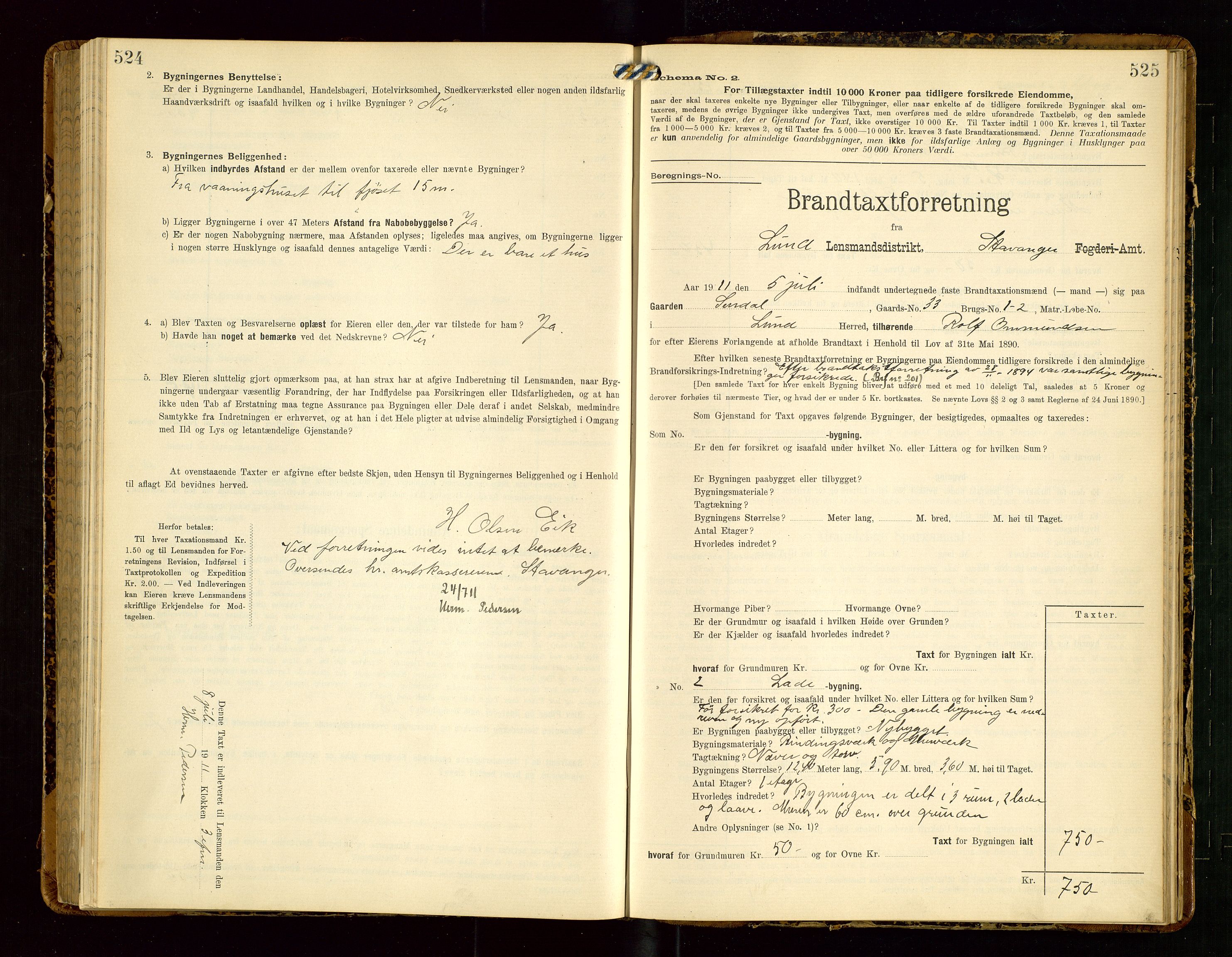 Lund lensmannskontor, AV/SAST-A-100303/Gob/L0002: "Brandtakstprotokol", 1908-1918, s. 524-525