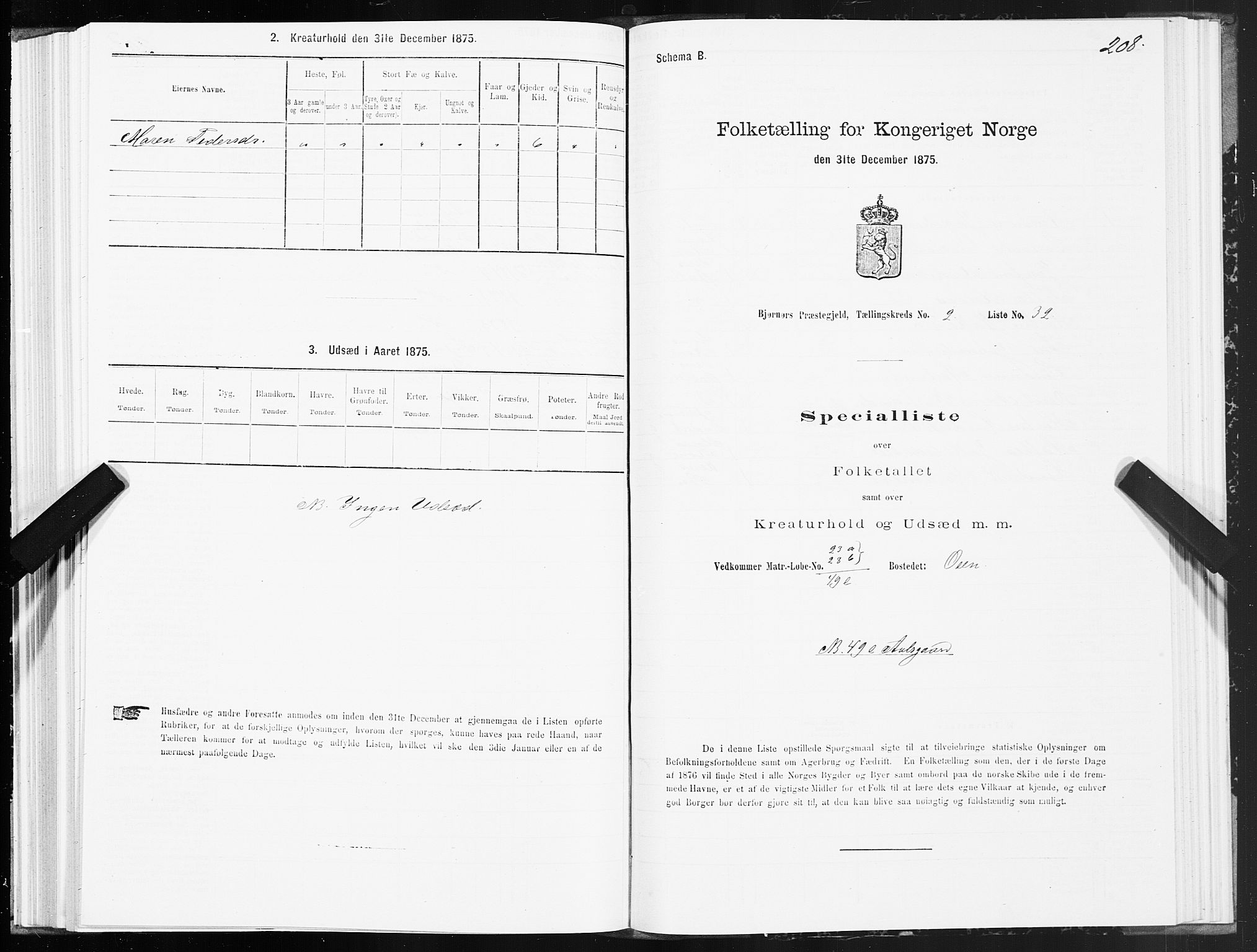 SAT, Folketelling 1875 for 1632P Bjørnør prestegjeld, 1875, s. 1208
