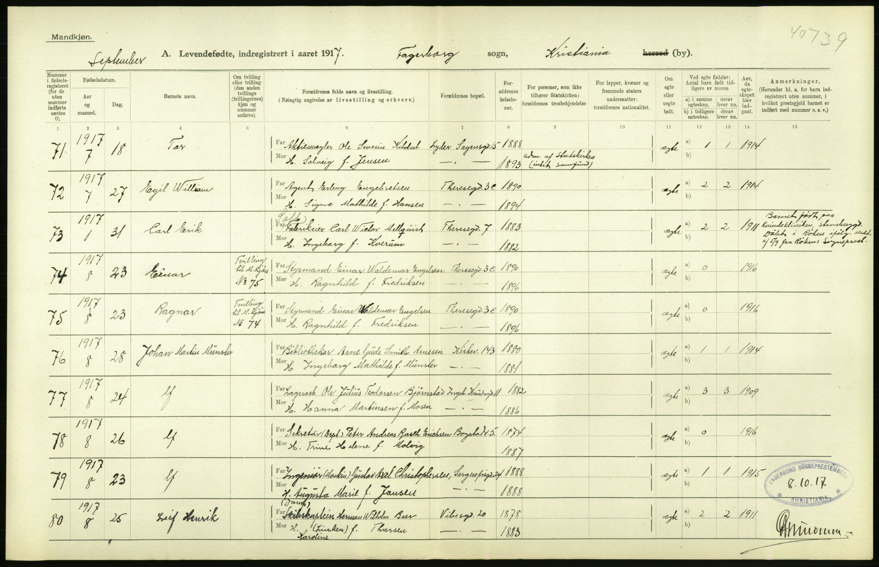 Statistisk sentralbyrå, Sosiodemografiske emner, Befolkning, AV/RA-S-2228/D/Df/Dfb/Dfbg/L0006: Kristiania: Levendefødte menn og kvinner., 1917, s. 88