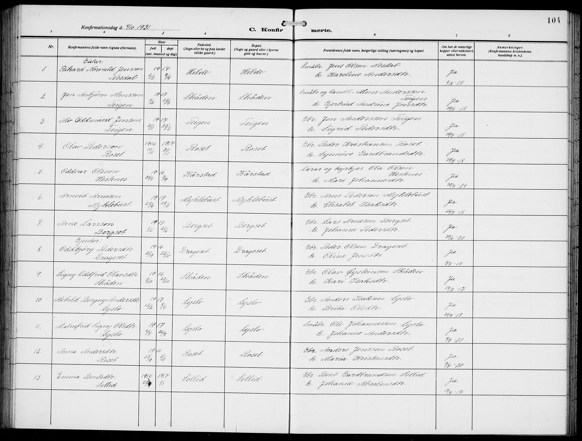 Innvik sokneprestembete, AV/SAB-A-80501: Klokkerbok nr. A 4, 1913-1936, s. 104