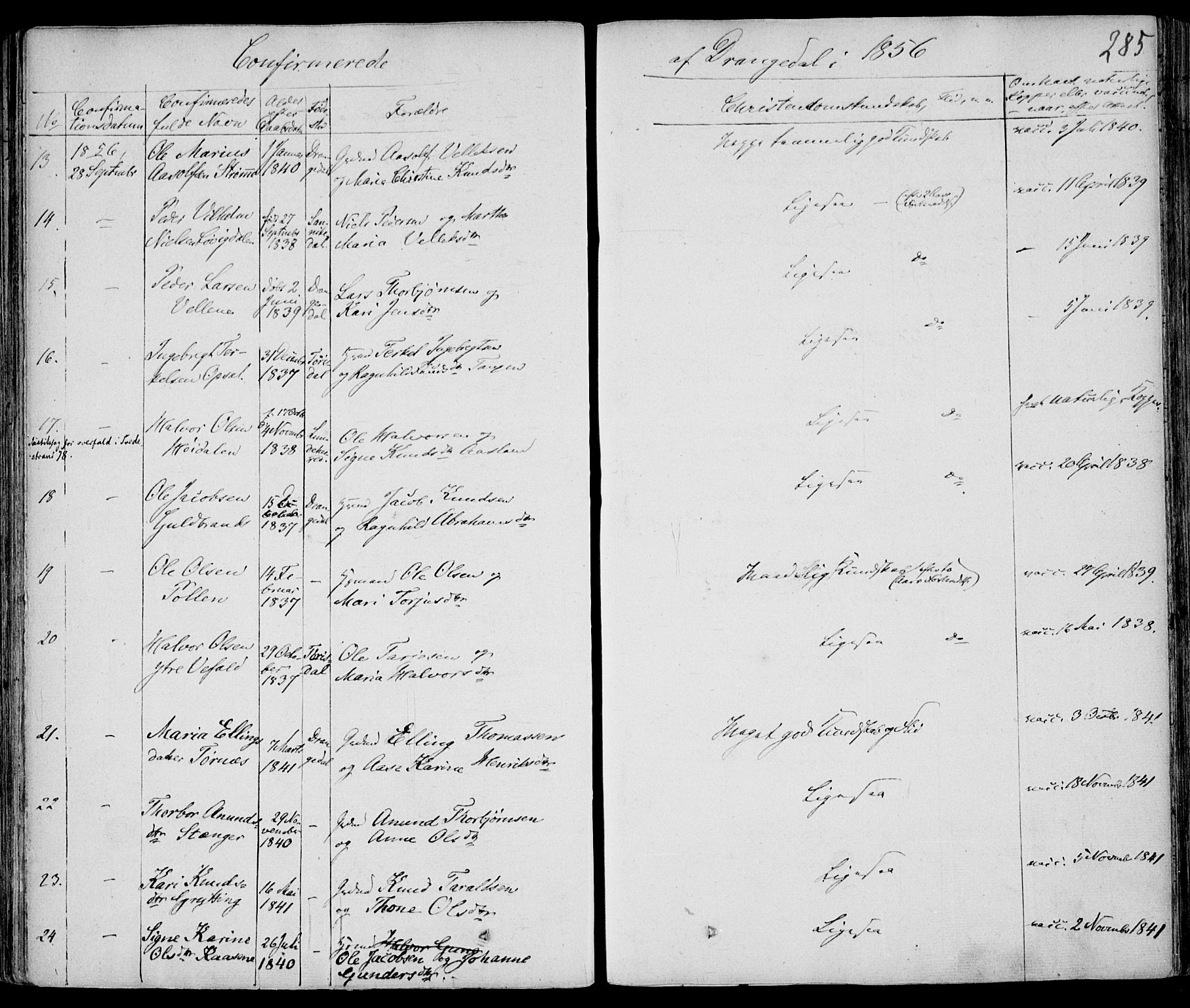 Drangedal kirkebøker, SAKO/A-258/F/Fa/L0007a: Ministerialbok nr. 7a, 1837-1856, s. 285