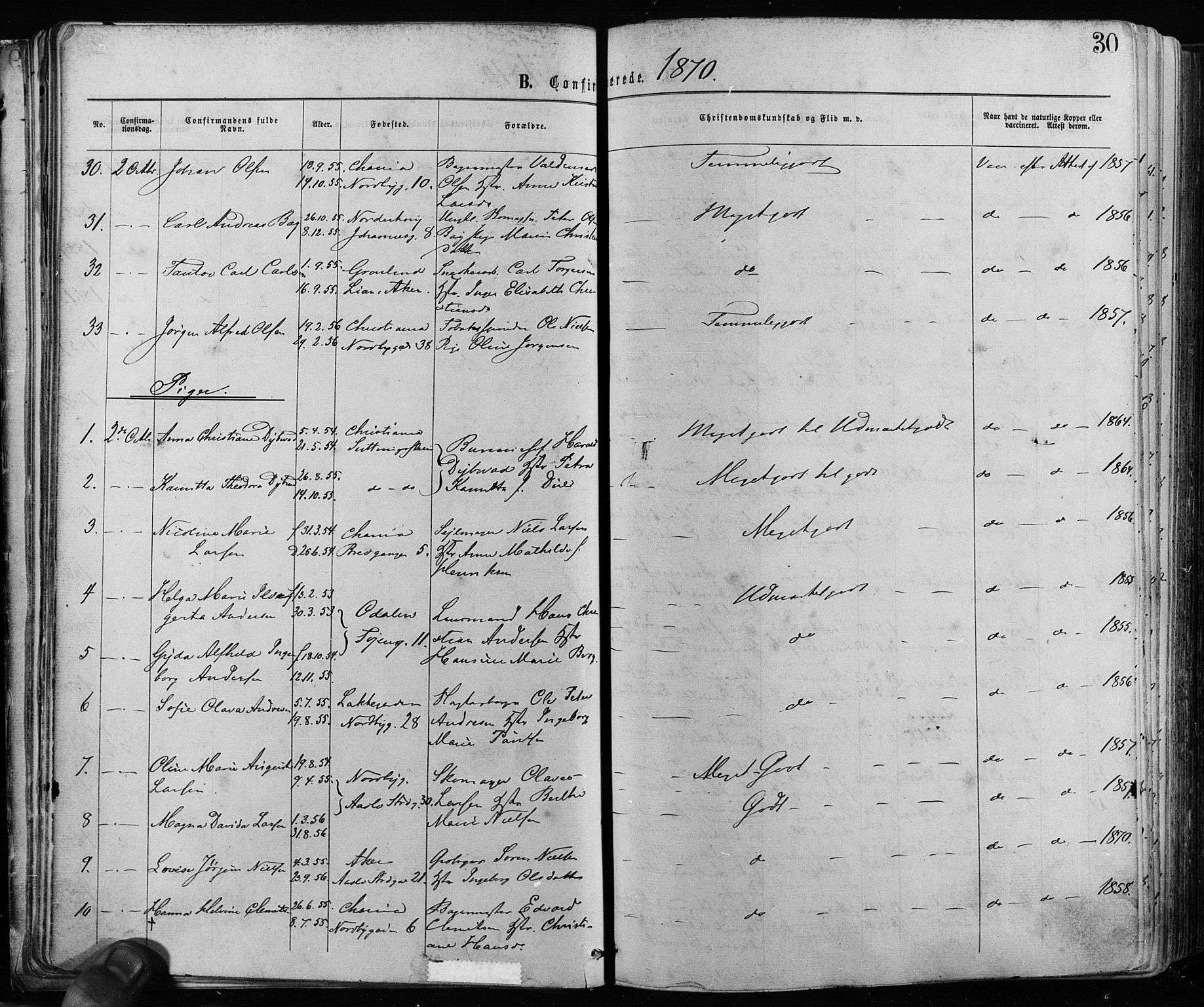 Grønland prestekontor Kirkebøker, SAO/A-10848/F/Fa/L0005: Ministerialbok nr. 5, 1869-1880, s. 30