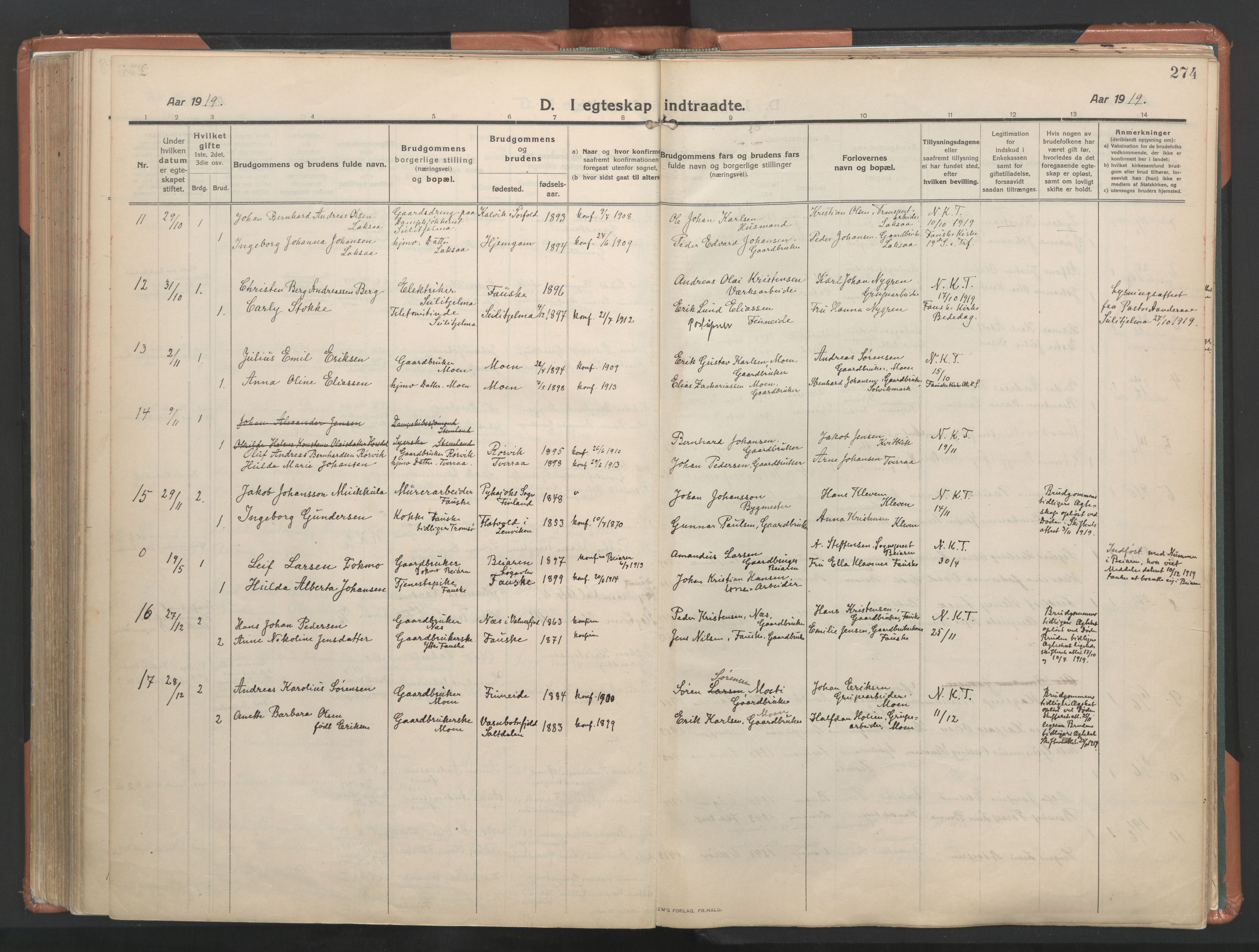 Ministerialprotokoller, klokkerbøker og fødselsregistre - Nordland, AV/SAT-A-1459/849/L0698: Ministerialbok nr. 849A09, 1911-1924, s. 274