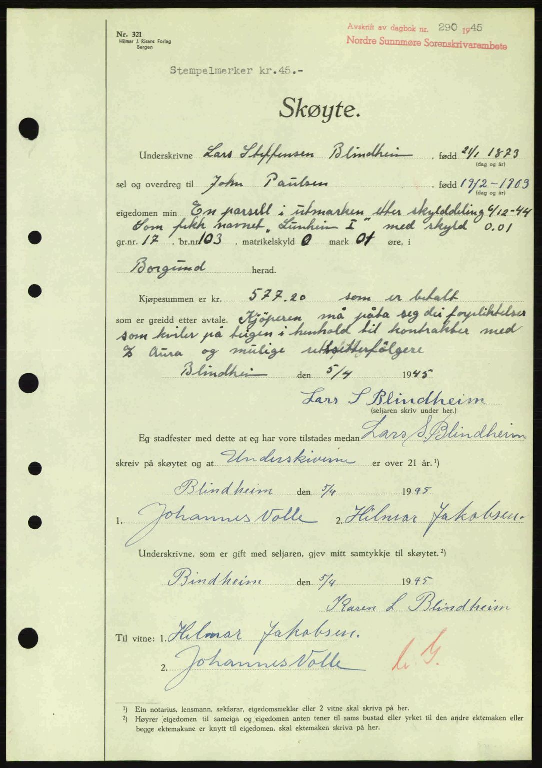 Nordre Sunnmøre sorenskriveri, AV/SAT-A-0006/1/2/2C/2Ca: Pantebok nr. A19, 1944-1945, Dagboknr: 290/1945