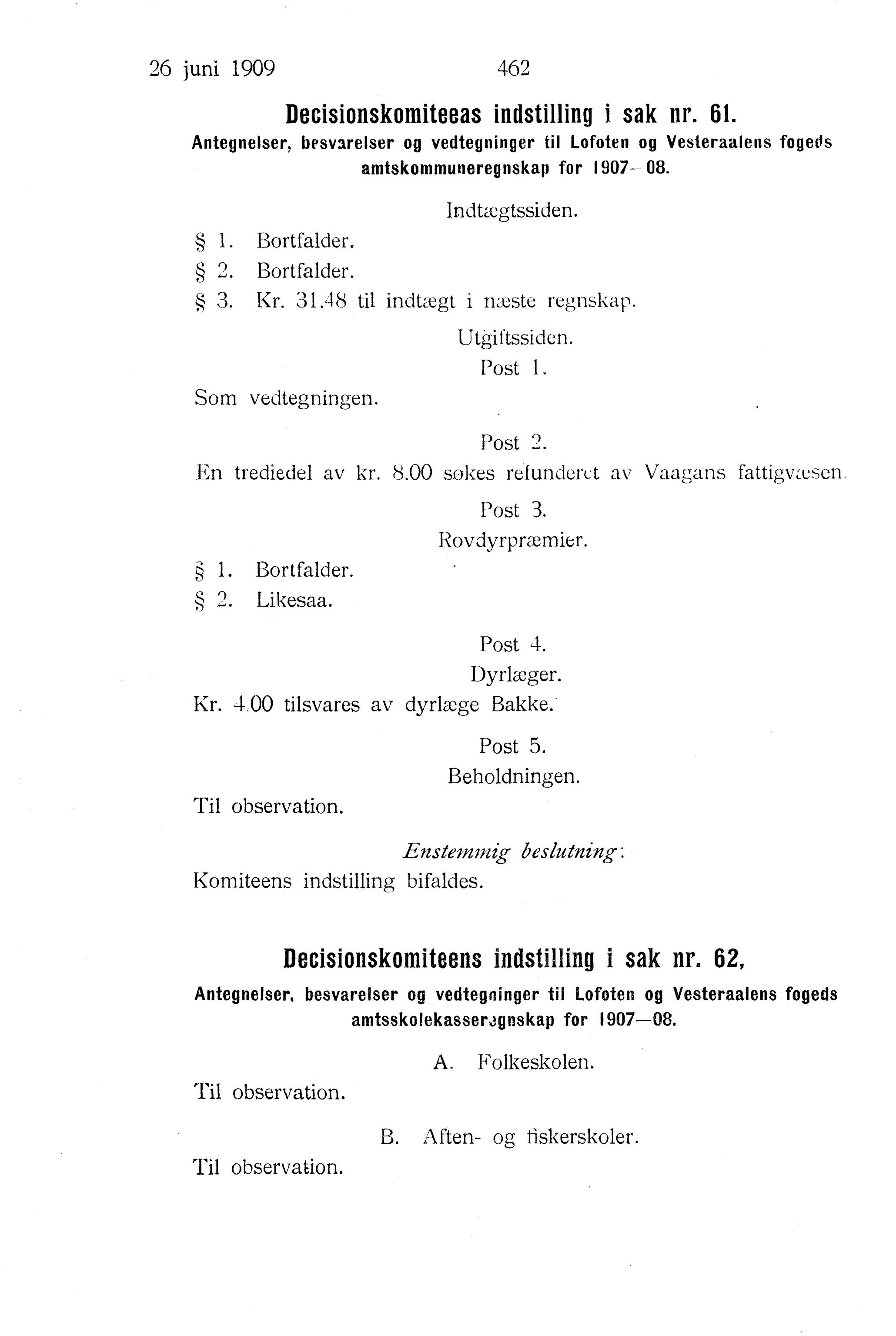 Nordland Fylkeskommune. Fylkestinget, AIN/NFK-17/176/A/Ac/L0032: Fylkestingsforhandlinger 1909, 1909