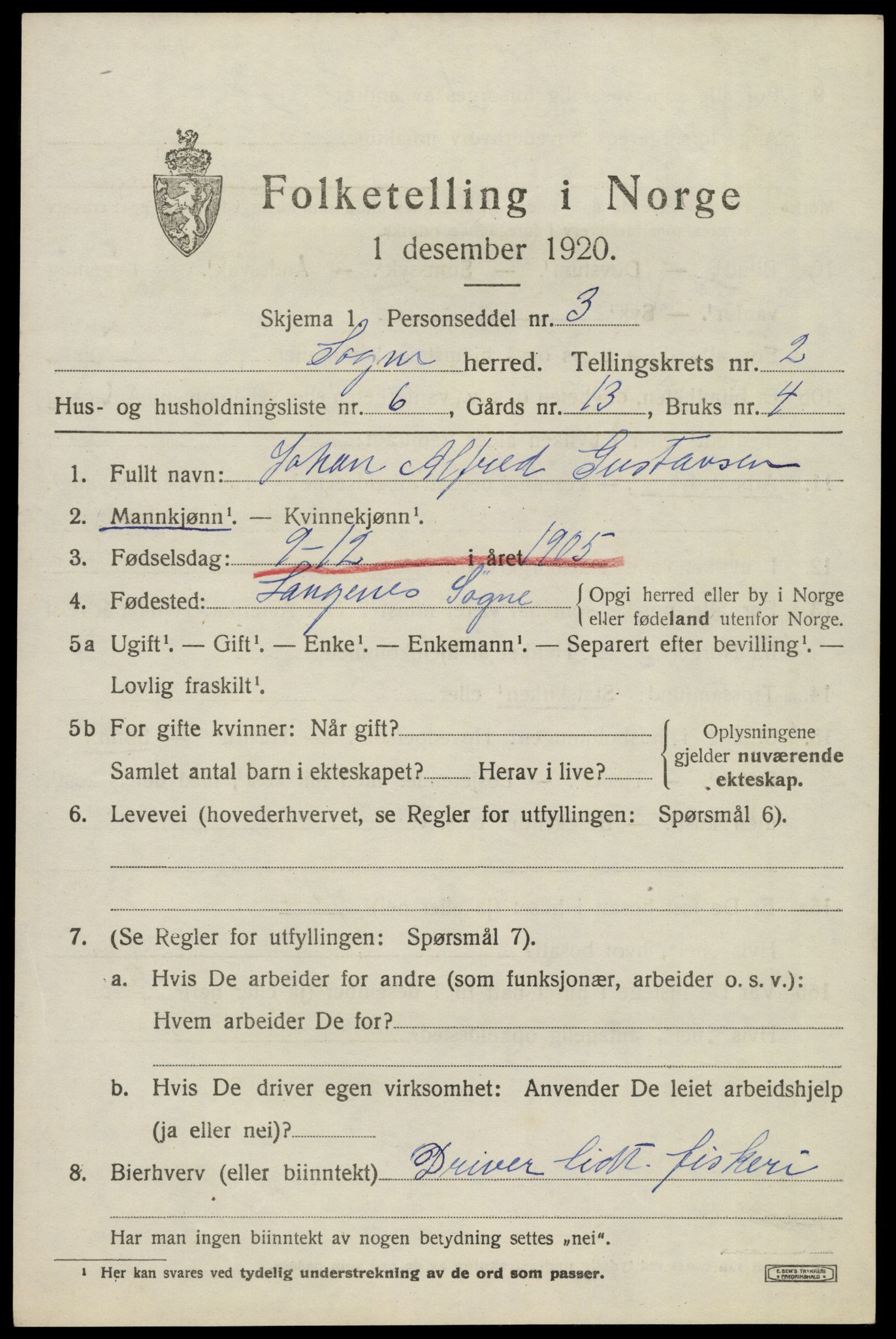 SAK, Folketelling 1920 for 1018 Søgne herred, 1920, s. 1497