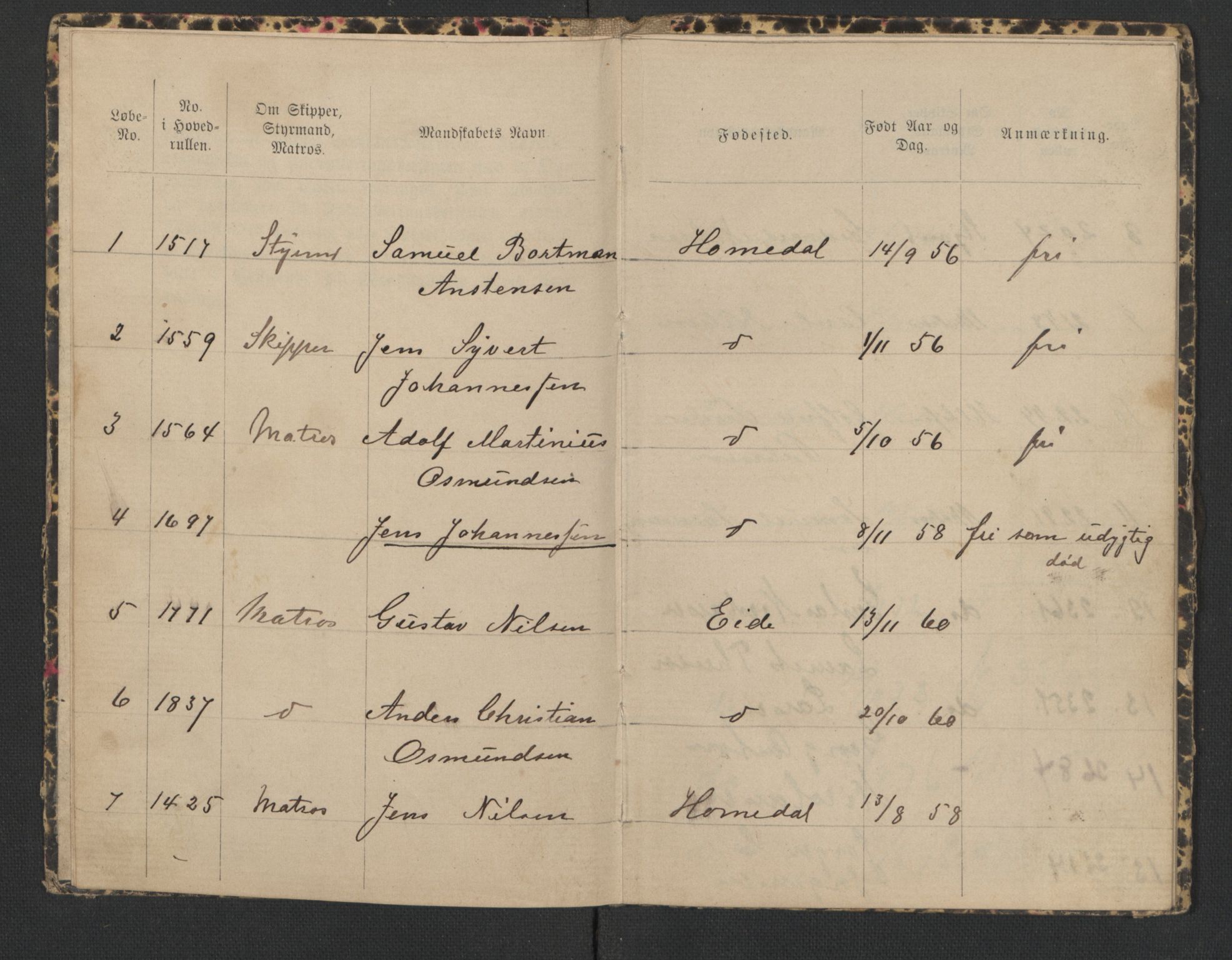 Lillesand mønstringskrets, SAK/2031-0014/F/Fd/L0002: Sjøruller rode 1-59, pluss Bygland, Hornnes, Valle og Vegusdal, 
Li-7, 1875-1910, s. 469