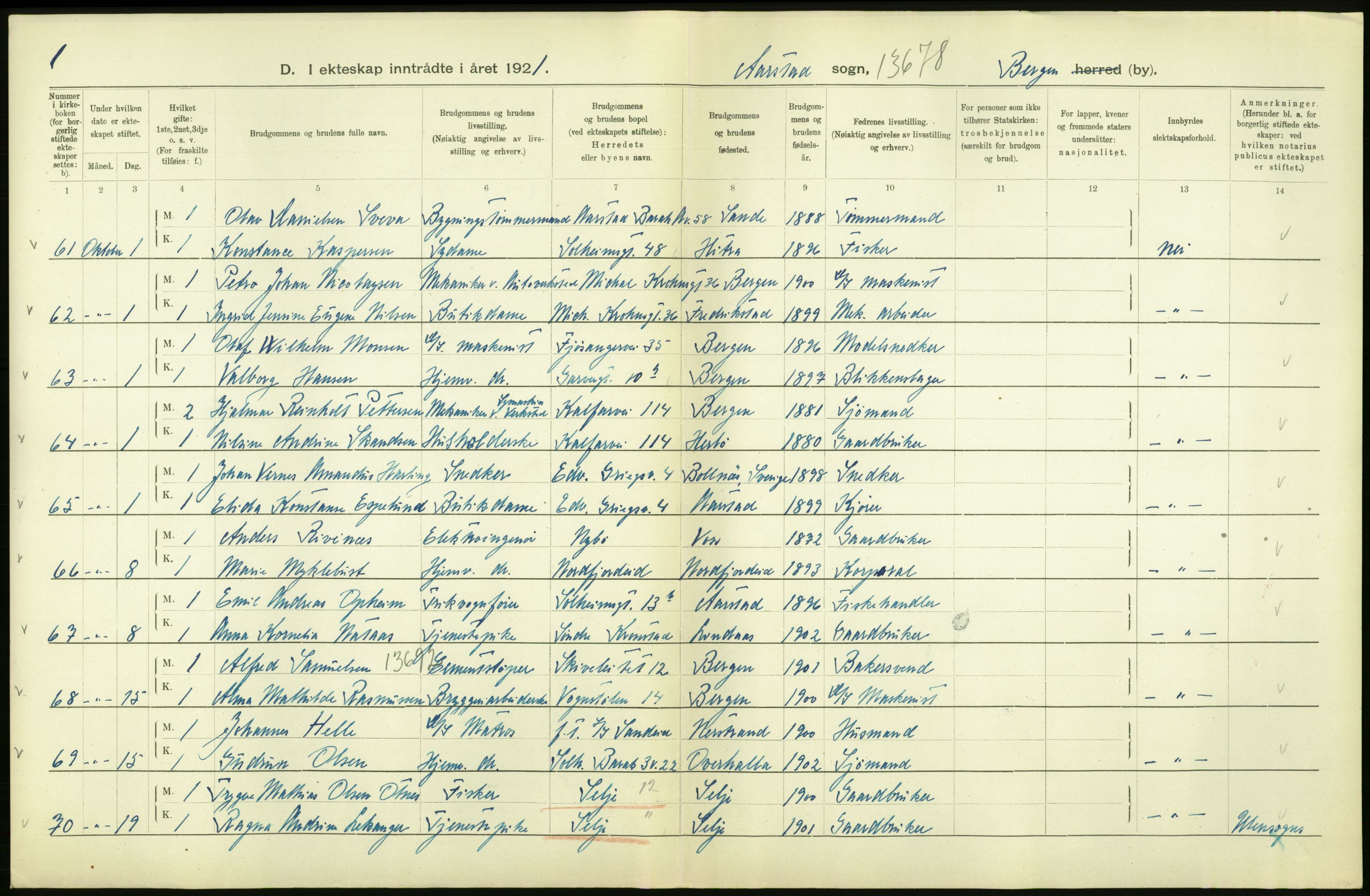 Statistisk sentralbyrå, Sosiodemografiske emner, Befolkning, AV/RA-S-2228/D/Df/Dfc/Dfca/L0035: Bergen: Gifte, dødfødte., 1921, s. 44