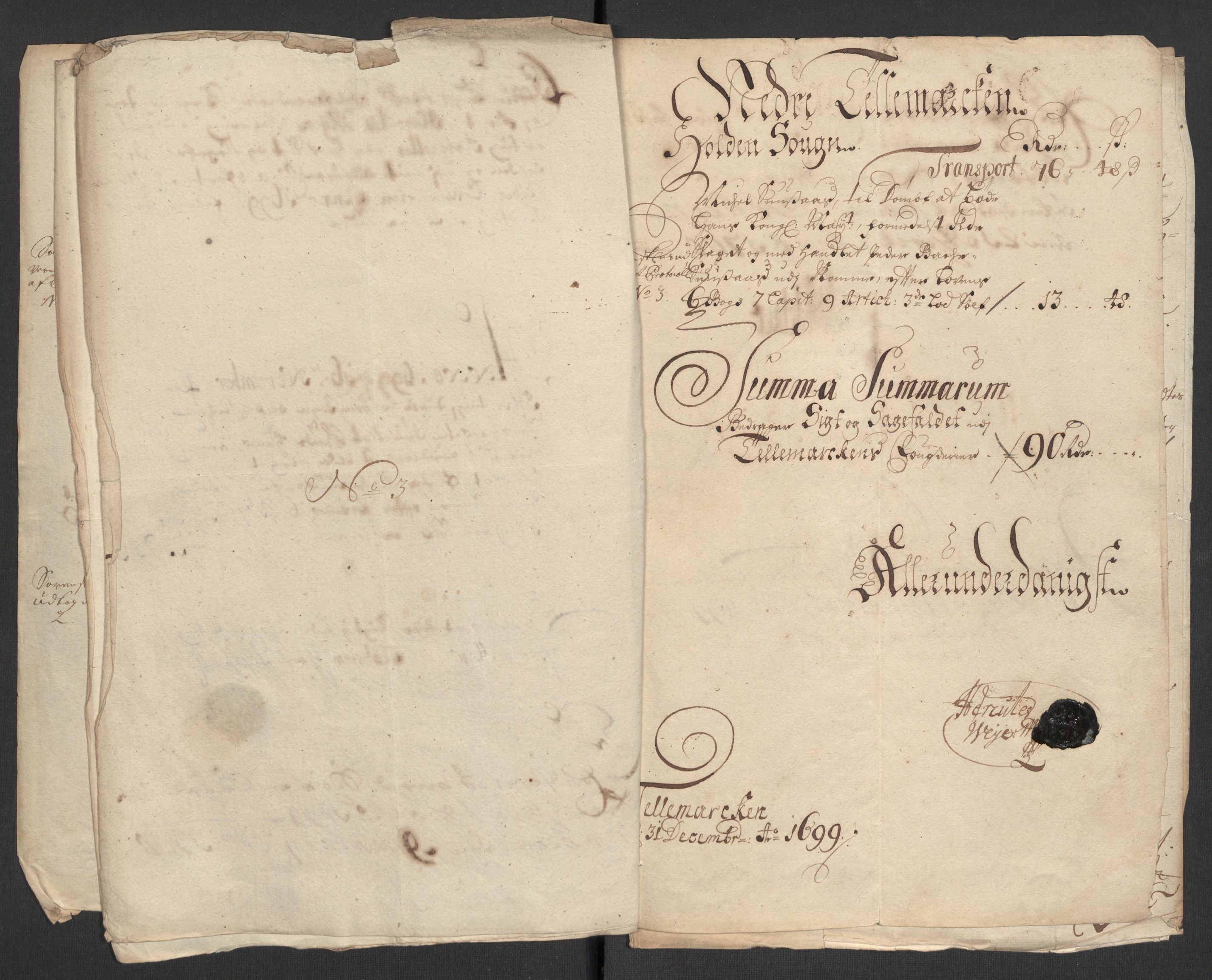 Rentekammeret inntil 1814, Reviderte regnskaper, Fogderegnskap, AV/RA-EA-4092/R36/L2100: Fogderegnskap Øvre og Nedre Telemark og Bamble, 1699, s. 43