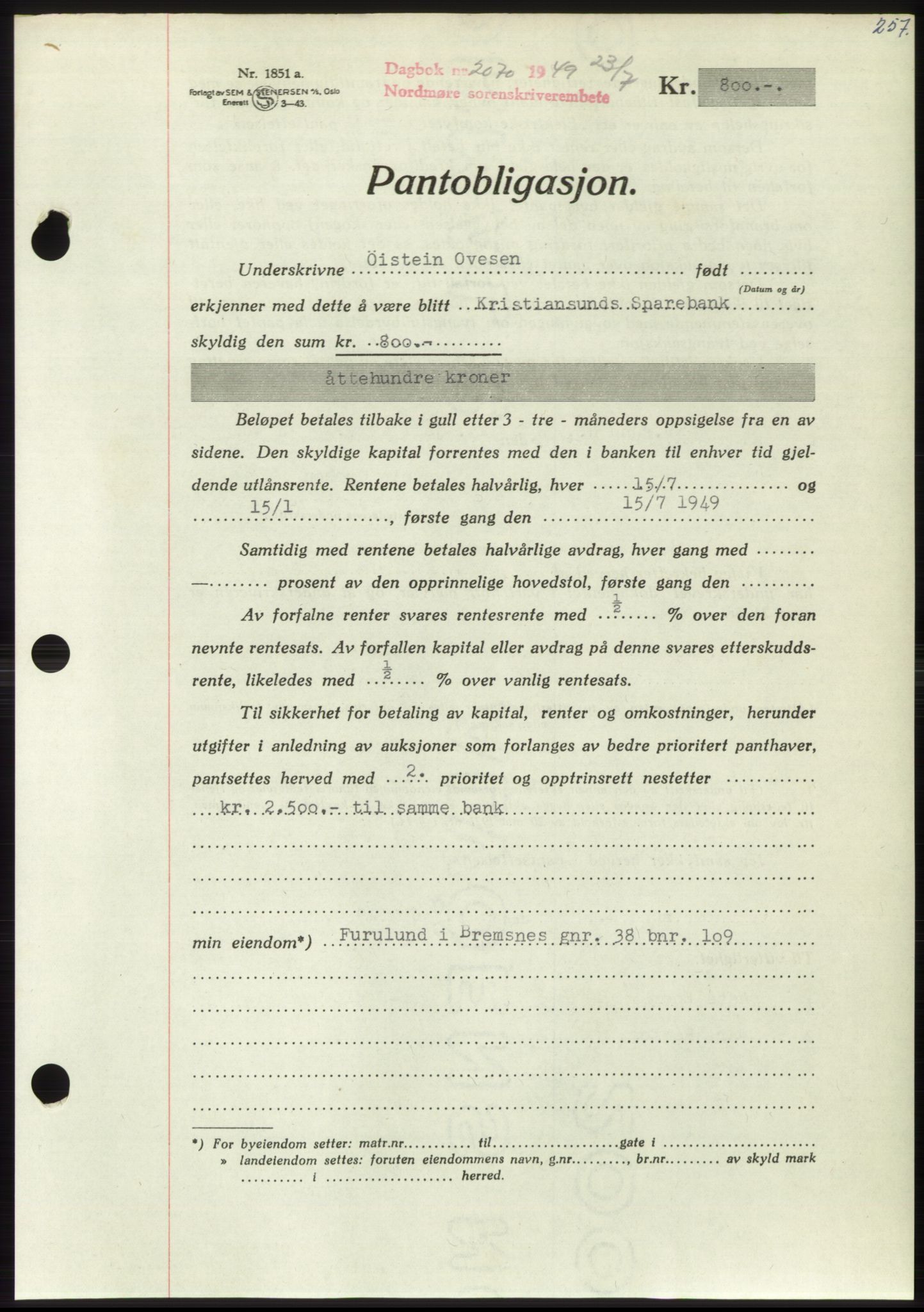 Nordmøre sorenskriveri, AV/SAT-A-4132/1/2/2Ca: Pantebok nr. B102, 1949-1949, Dagboknr: 2070/1949