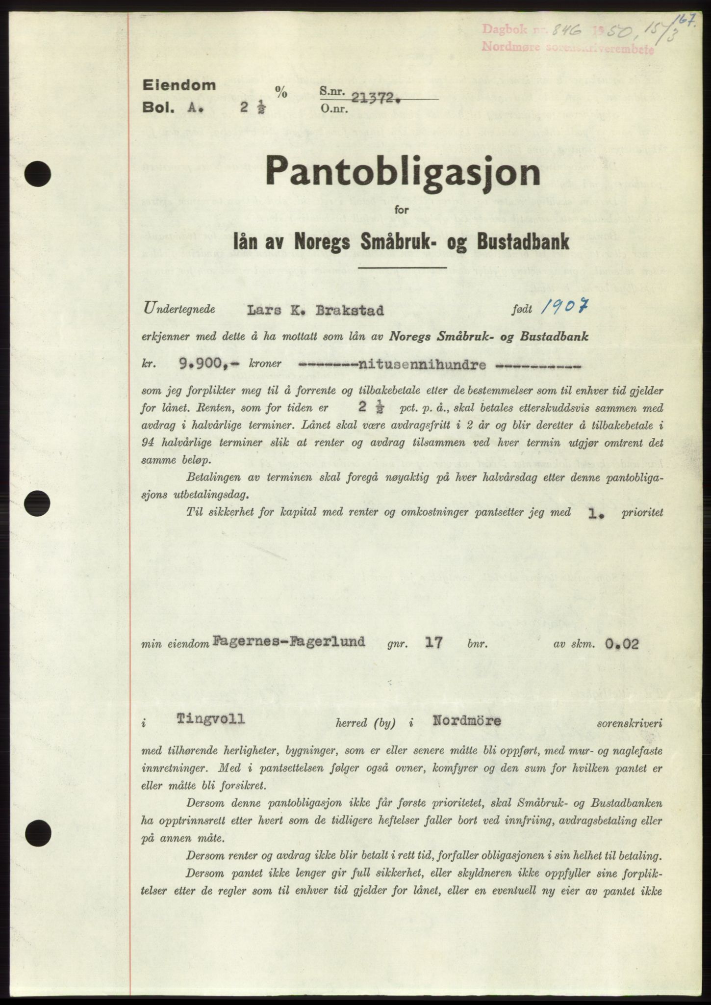 Nordmøre sorenskriveri, SAT/A-4132/1/2/2Ca: Pantebok nr. B104, 1950-1950, Dagboknr: 846/1950