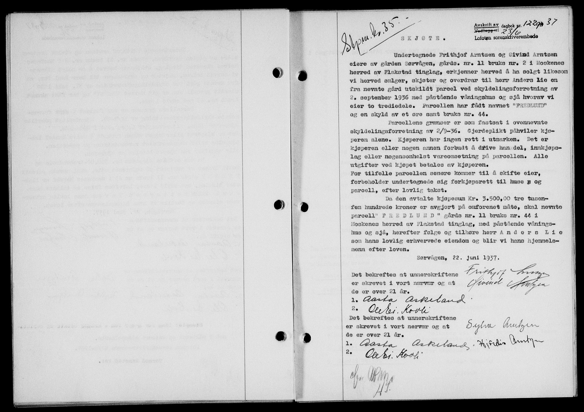 Lofoten sorenskriveri, SAT/A-0017/1/2/2C/L0002a: Pantebok nr. 2a, 1937-1937, Dagboknr: 1229/1937