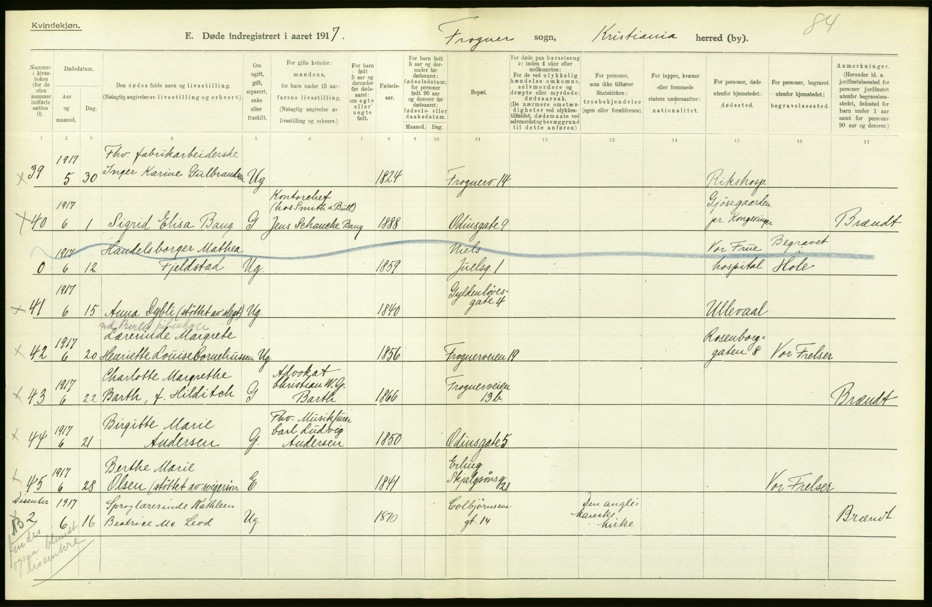 Statistisk sentralbyrå, Sosiodemografiske emner, Befolkning, AV/RA-S-2228/D/Df/Dfb/Dfbg/L0010: Kristiania: Døde, 1917, s. 306