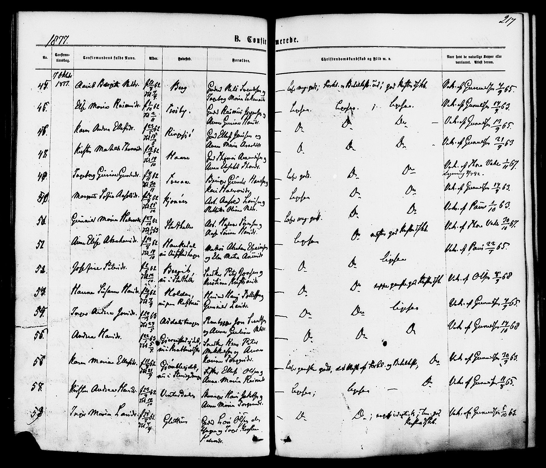 Bamble kirkebøker, AV/SAKO-A-253/F/Fa/L0006: Ministerialbok nr. I 6, 1869-1877, s. 217