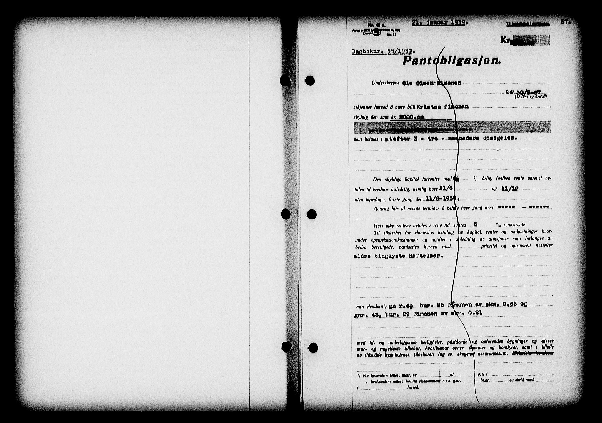 Nedenes sorenskriveri, SAK/1221-0006/G/Gb/Gba/L0046: Pantebok nr. 42, 1938-1939, Dagboknr: 55/1939