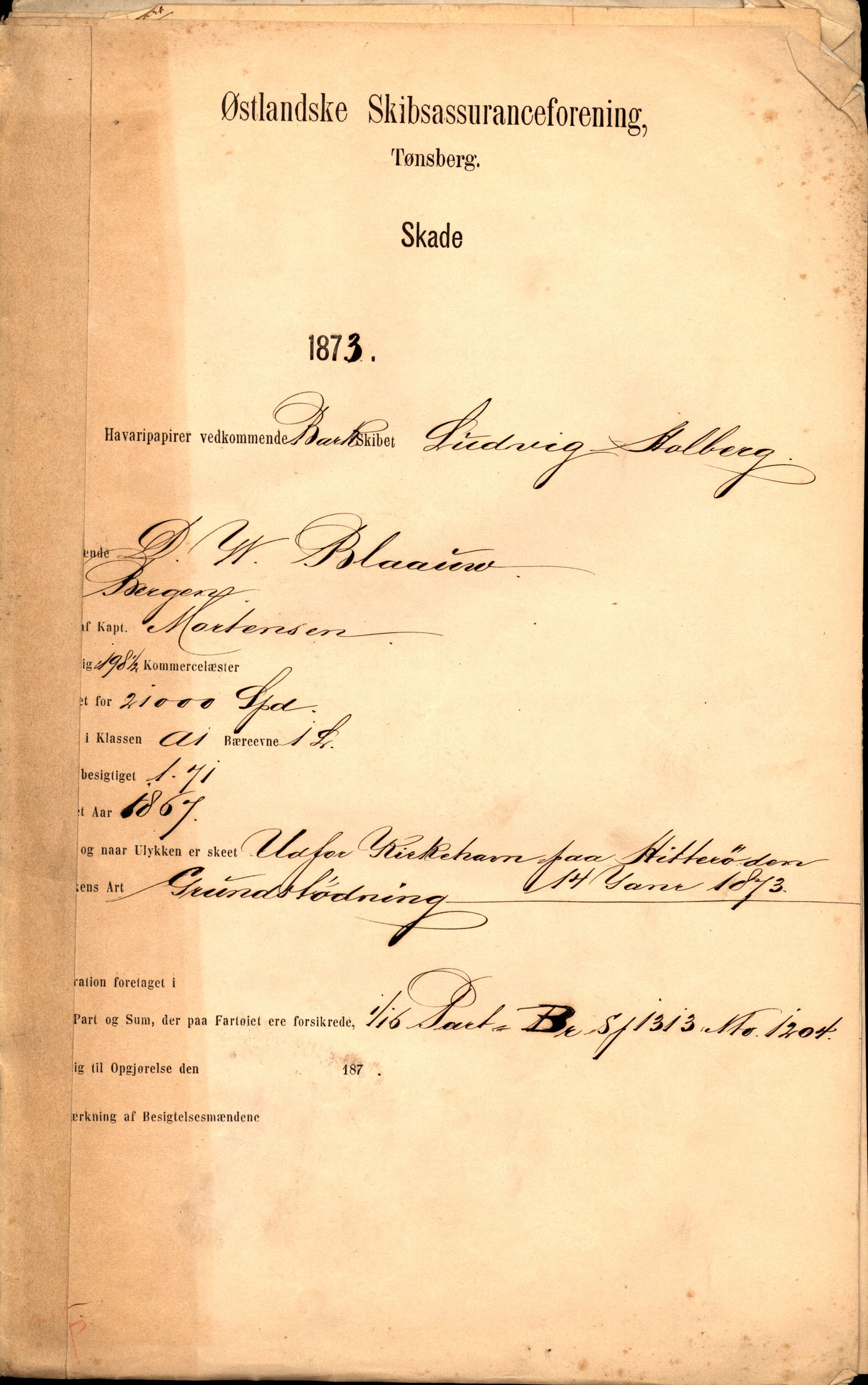 Pa 63 - Østlandske skibsassuranceforening, VEMU/A-1079/G/Ga/L0005/0012: Havaridokumenter / Ludvig Holberg, 1873