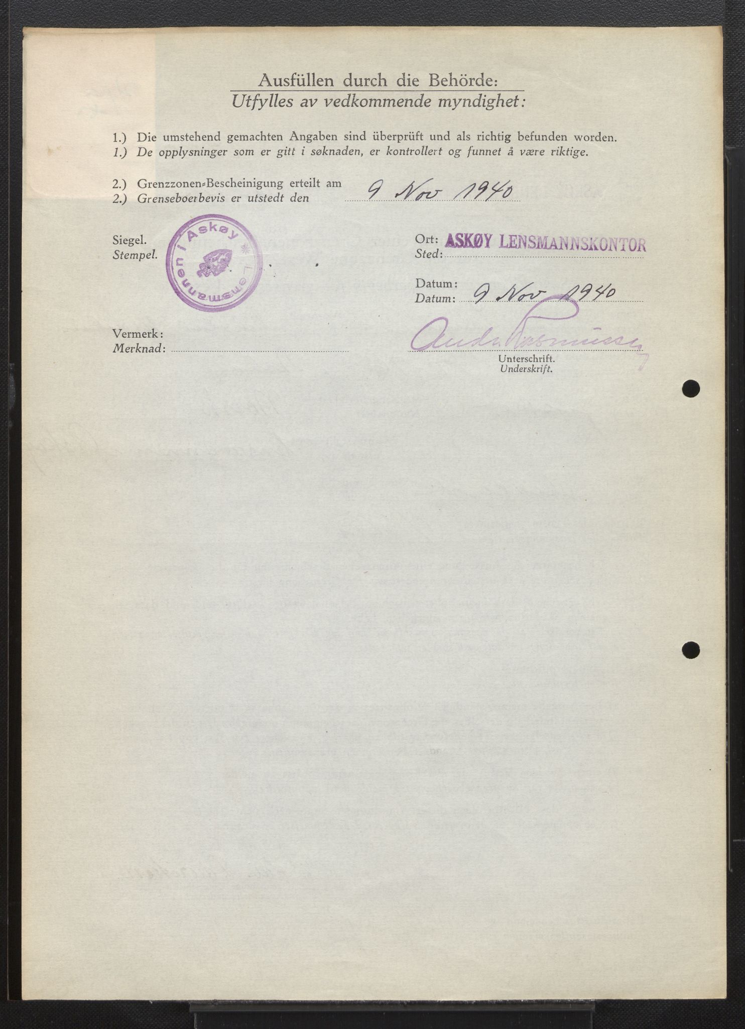 Lensmannen i Askøy, AV/SAB-A-31001/0026/L0008: Søknader om grensebuarbevis 2126 - 2550, 1940, s. 314