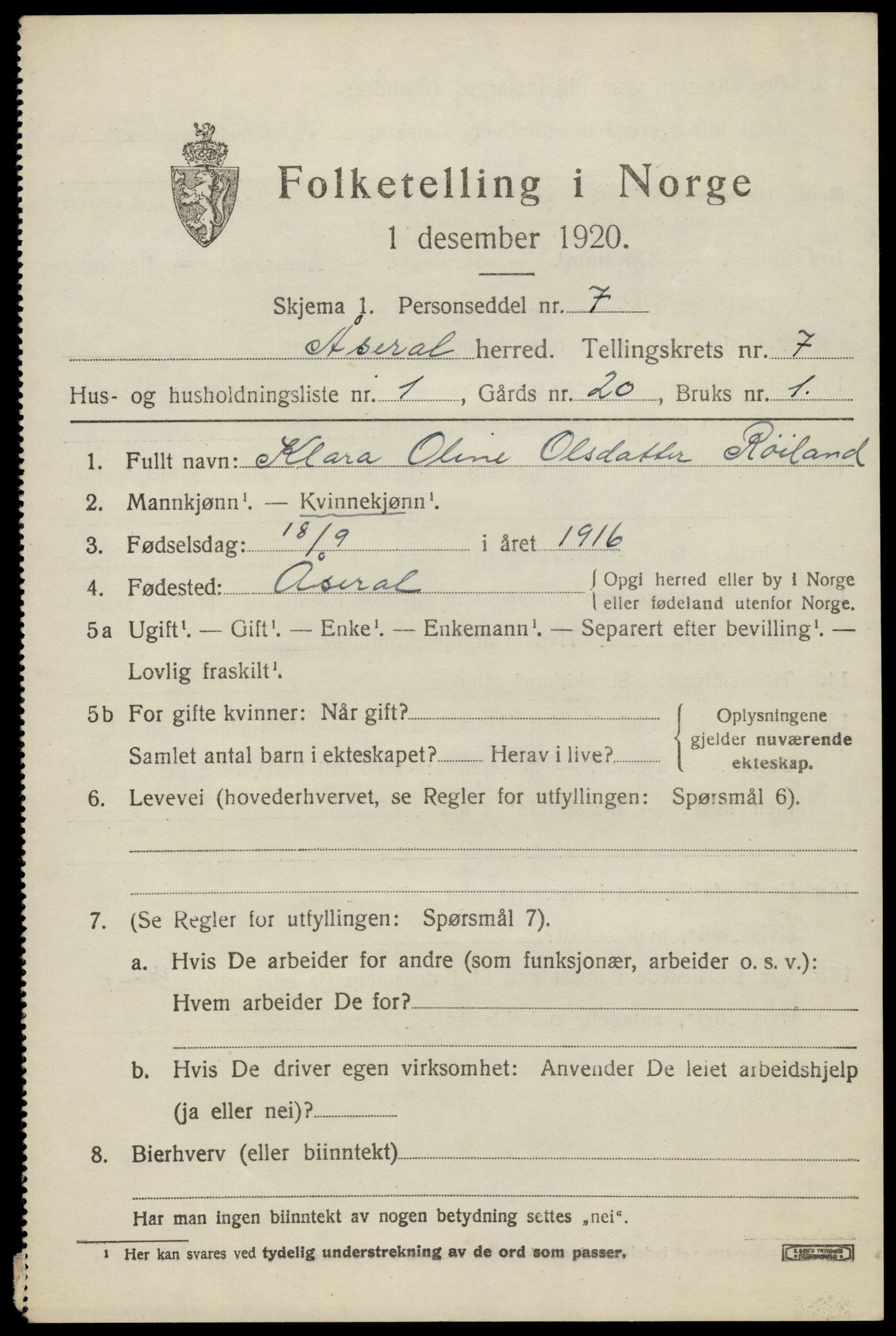 SAK, Folketelling 1920 for 1026 Åseral herred, 1920, s. 2058