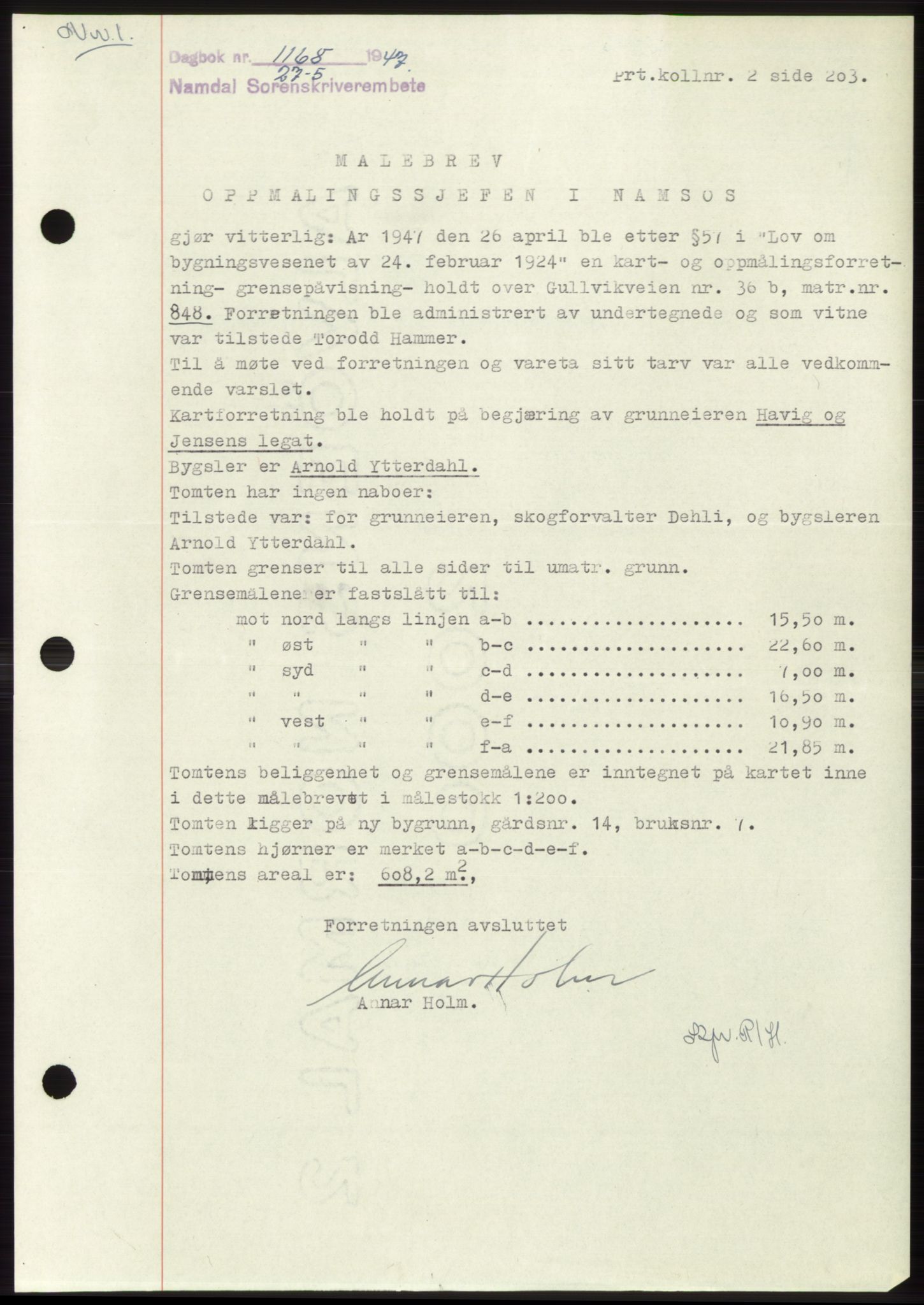 Namdal sorenskriveri, SAT/A-4133/1/2/2C: Pantebok nr. -, 1947-1947, Dagboknr: 1168/1947